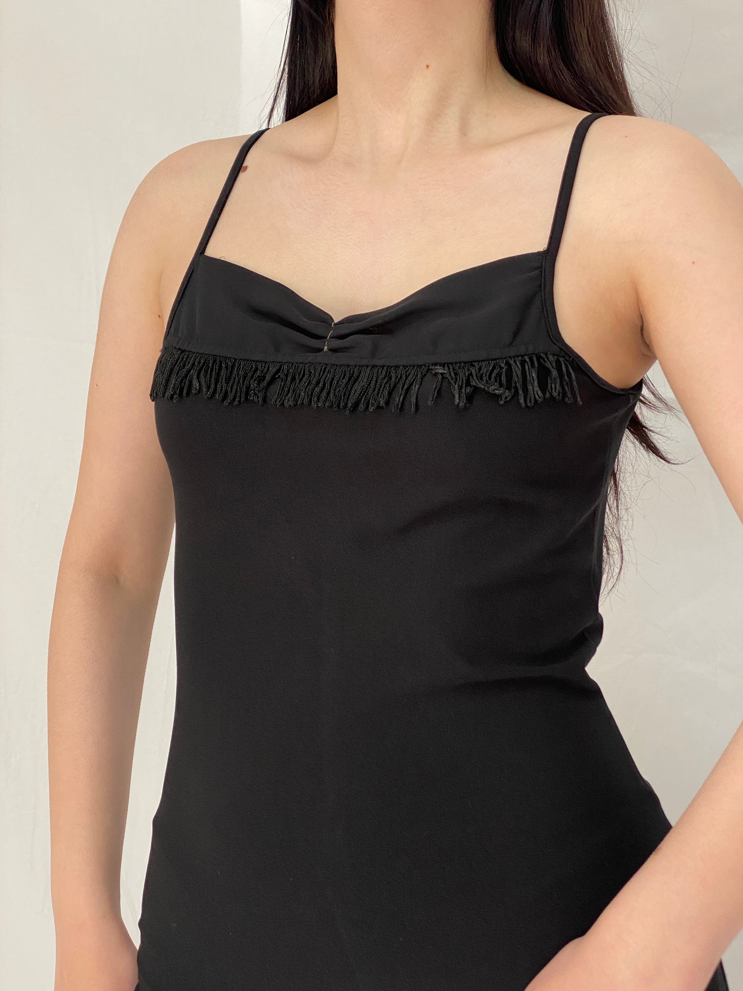 Vintage Y2K Black Minimal Maxi Slip Dress with Fringe Detail - S