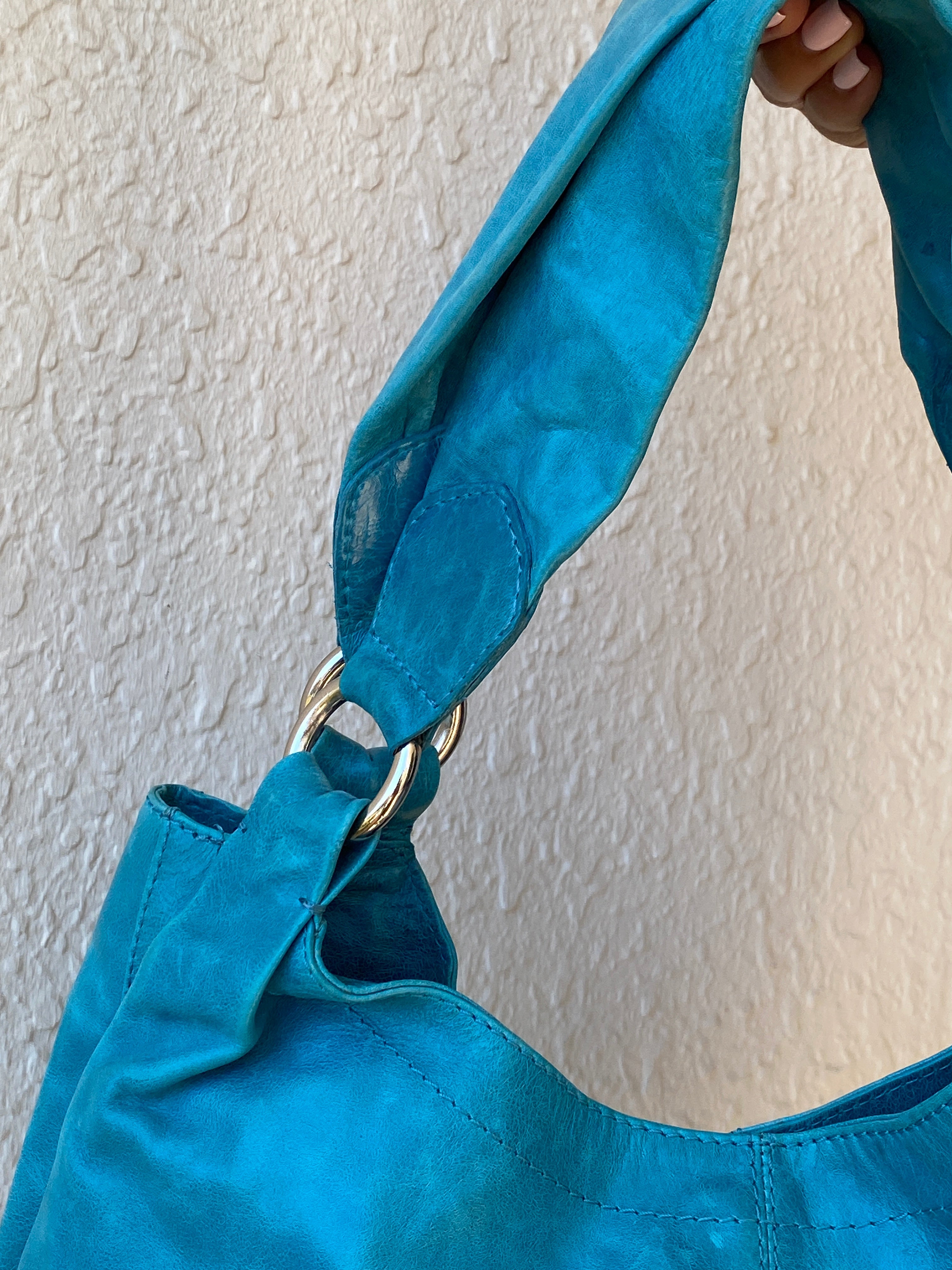 Vintage Y2K Bejin Korf Turquoise Genuine Leather Slouchy Hobo Shoulder Bag