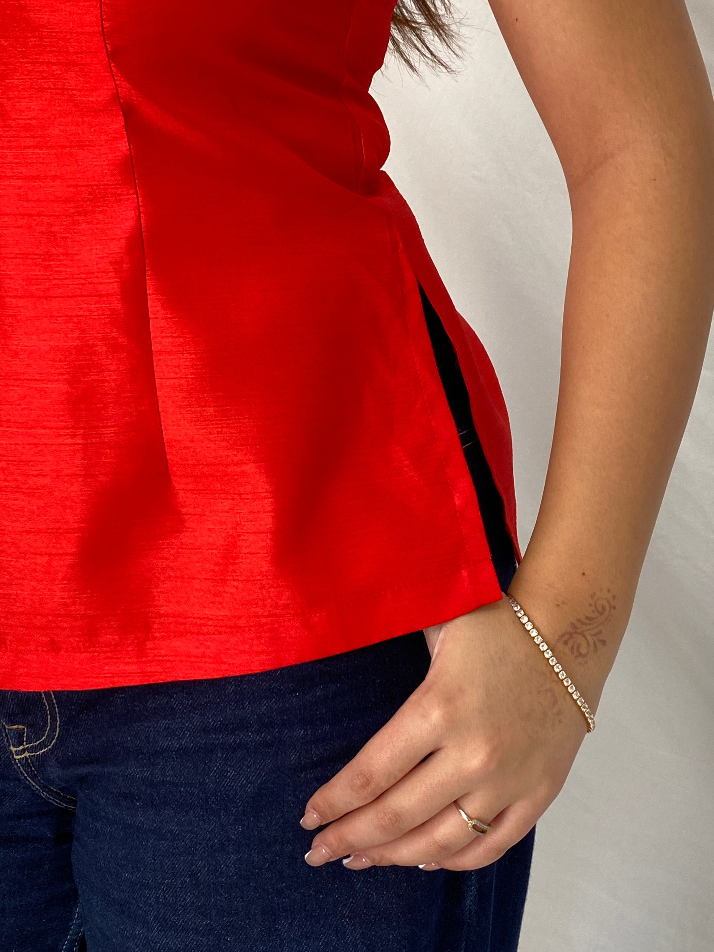 Vintage Handmade Japanese-Inspired Red Shantung Sleeveless Top – L