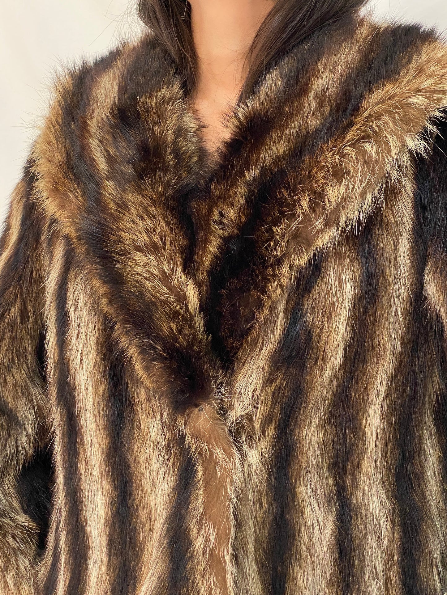 Vintage Striped Brown & Black Real Fur Coat - 70s Glam Winter Statement Jacket - M/L