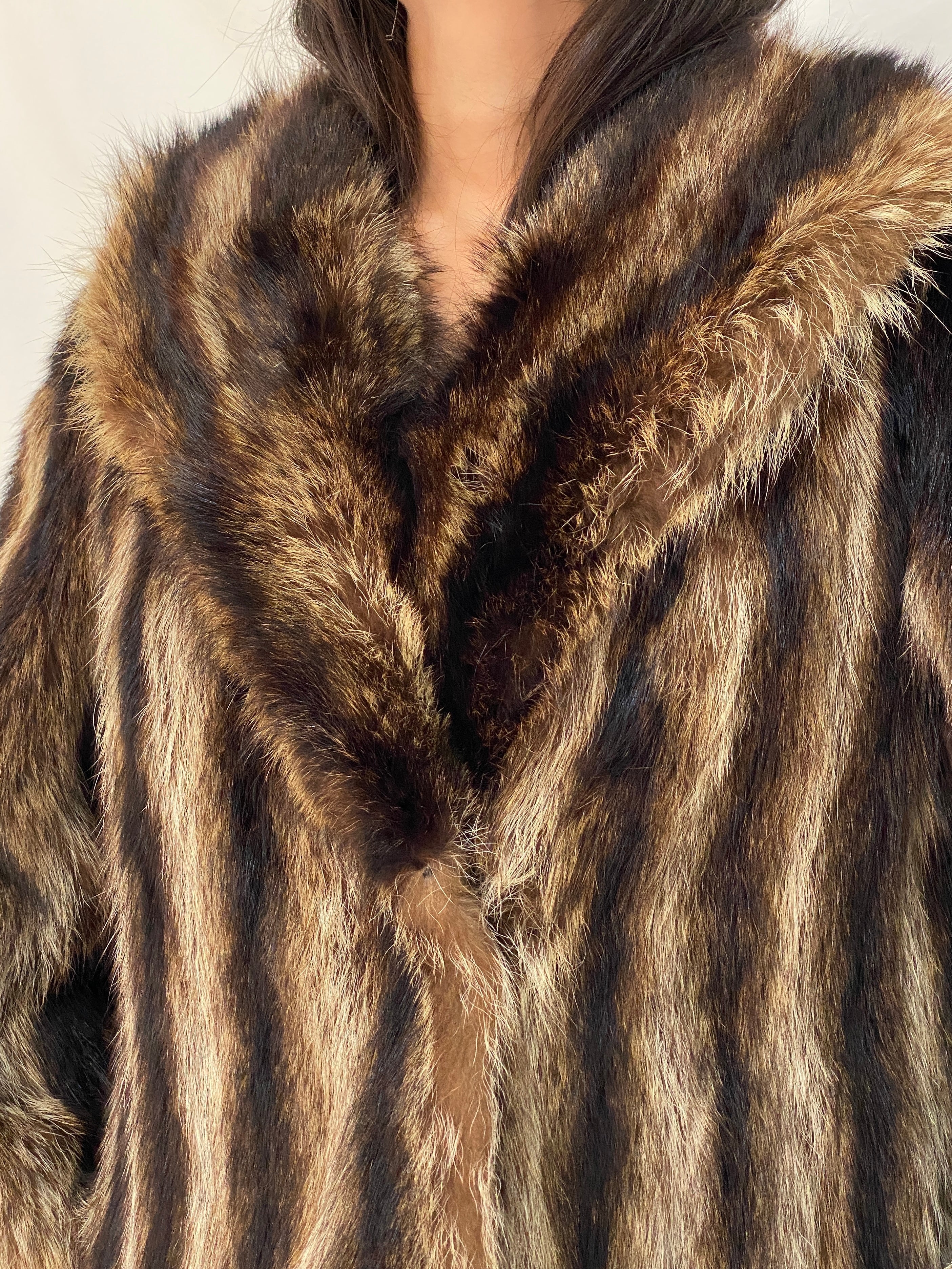 Vintage Striped Brown & Black Real Fur Coat - 70s Glam Winter Statement Jacket - M/L