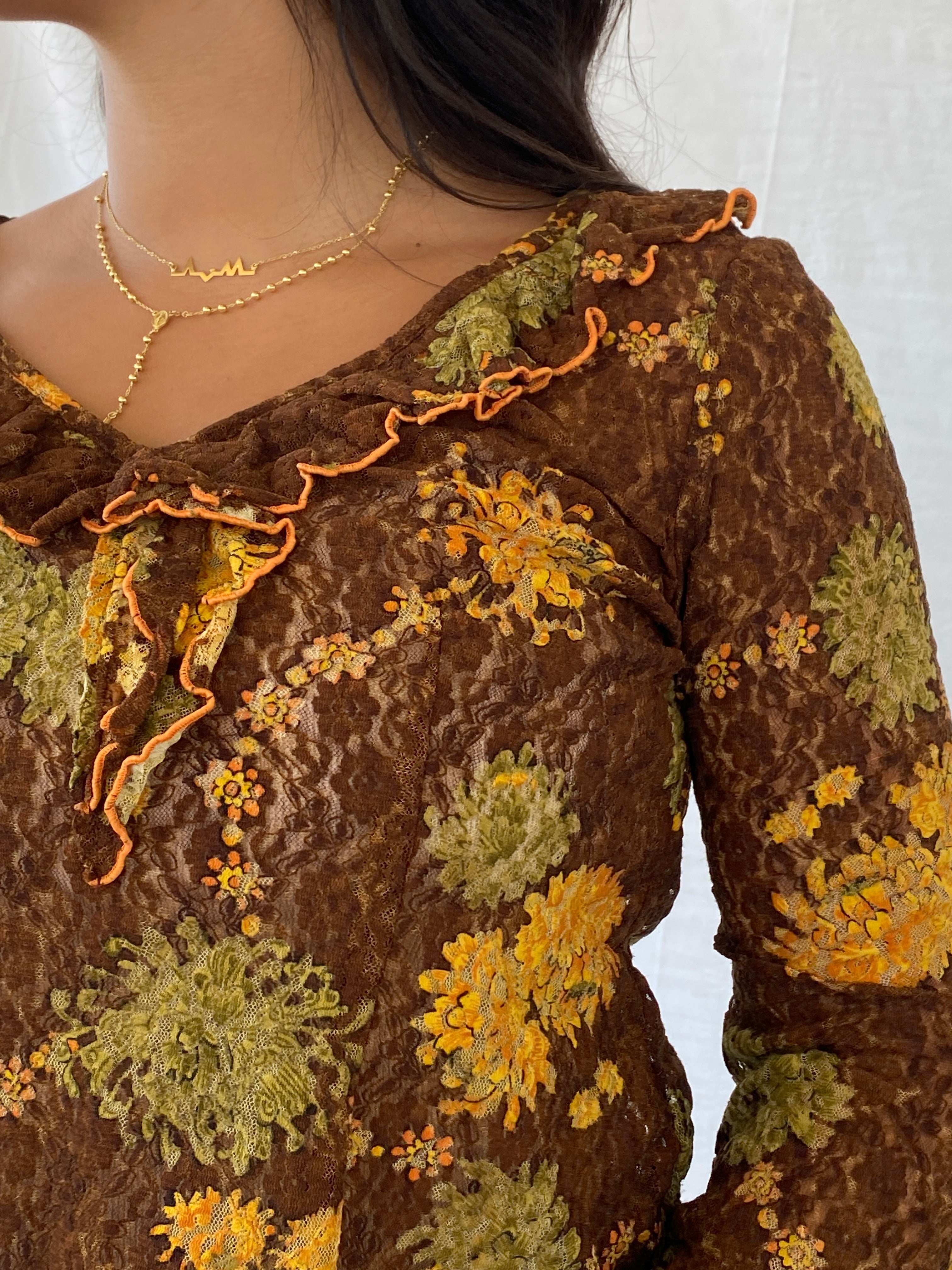 Vintage Handmade Lace Floral Brown 3/4 Sleeve Top - M - Balagan Vintage Full Sleeve Top 90s, Lana, NEW IN, summer