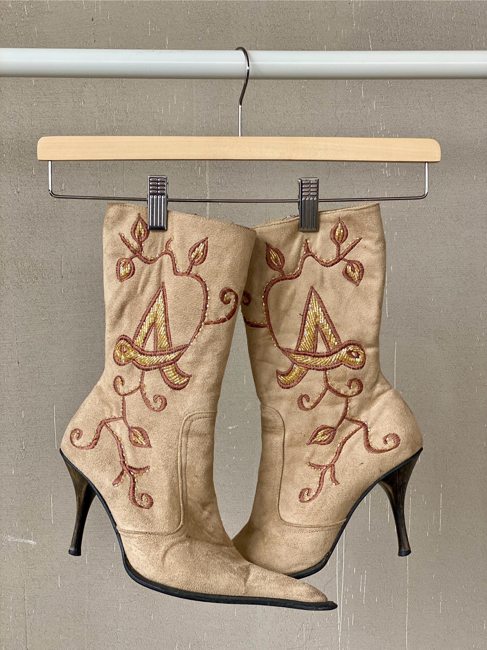 Vintage Milano Camel Suede Western Embellished Heel Boots