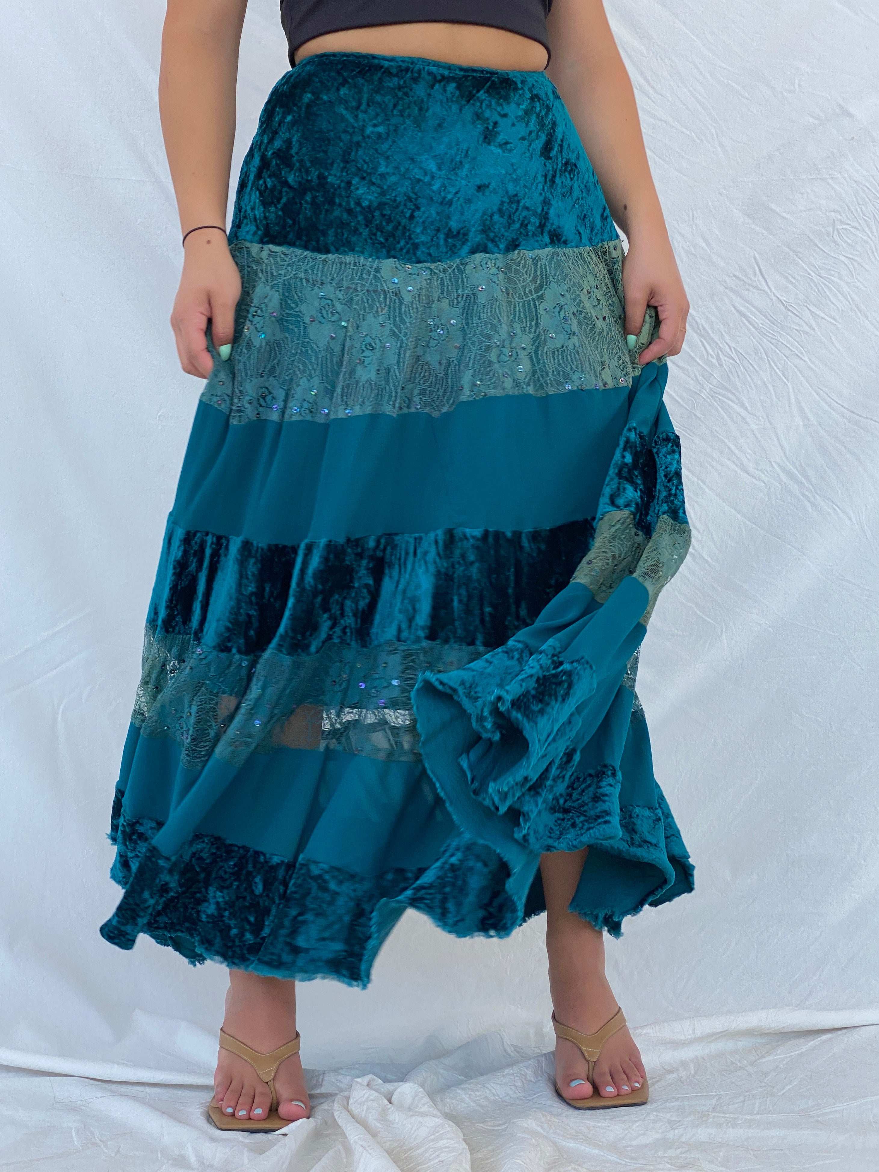 Vintage René Derhy Turquoise Gypsy Velvet and Lace Maxi Skirt - S - Balagan Vintage Maxi Skirt 00s, Lana, maxi skirt, NEW IN, summer