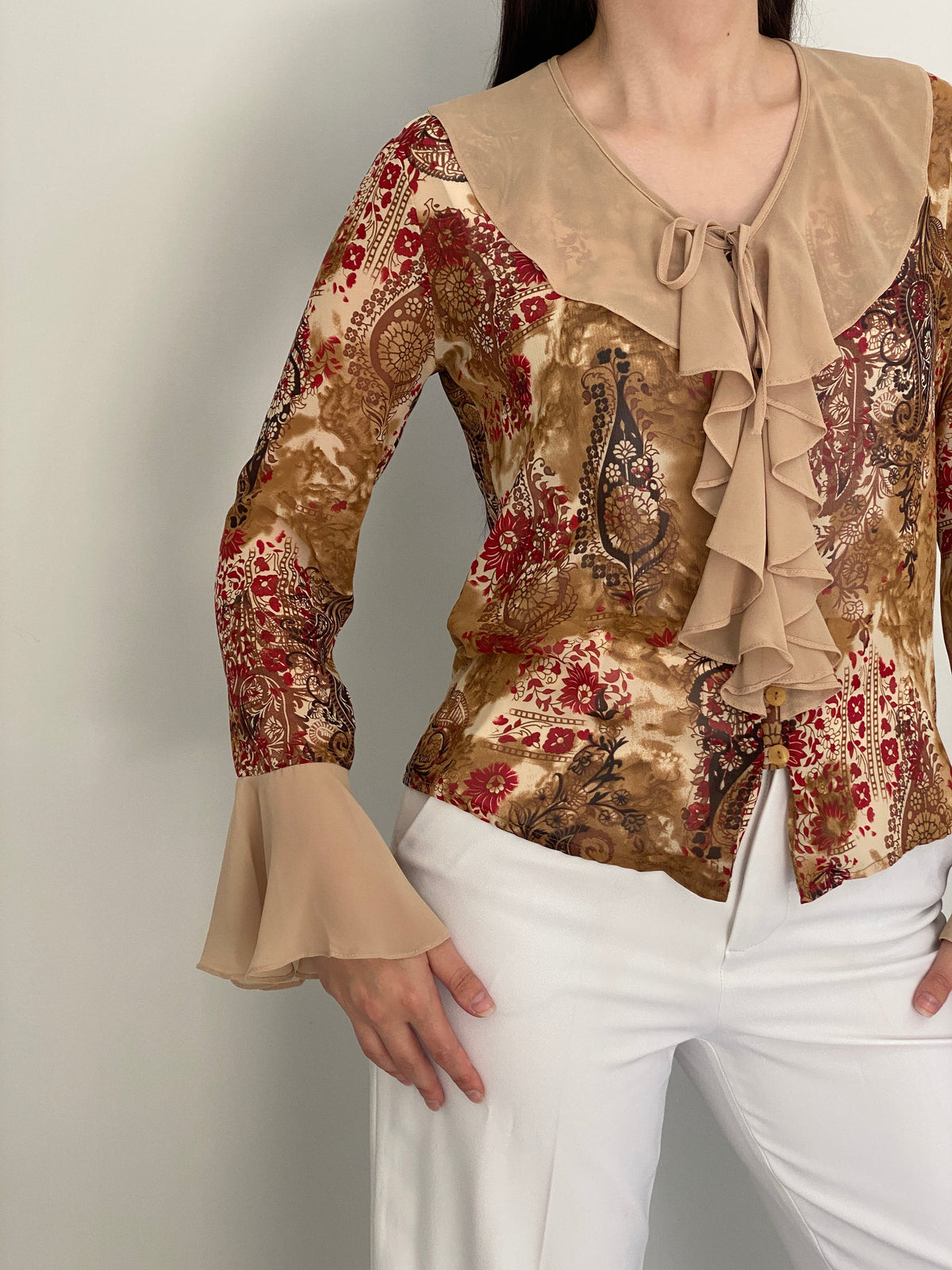 Vintage Y2K Yazen Beige Brown Paisley Floral Ruffle Bell Sleeve Blouse - M