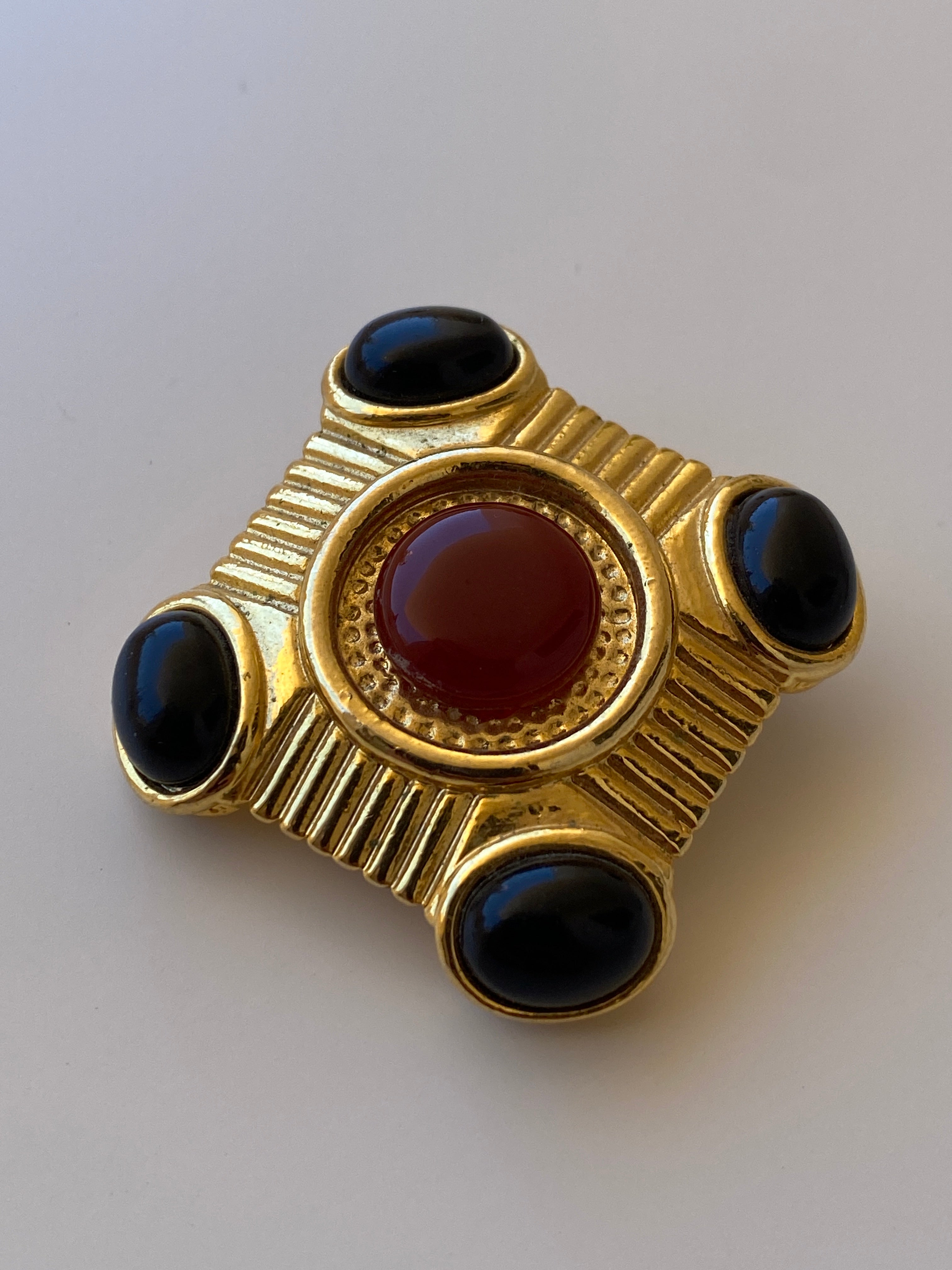 Vintage Gold Tone Cabochon Brooch Black & Amber Geometric Statement Pin