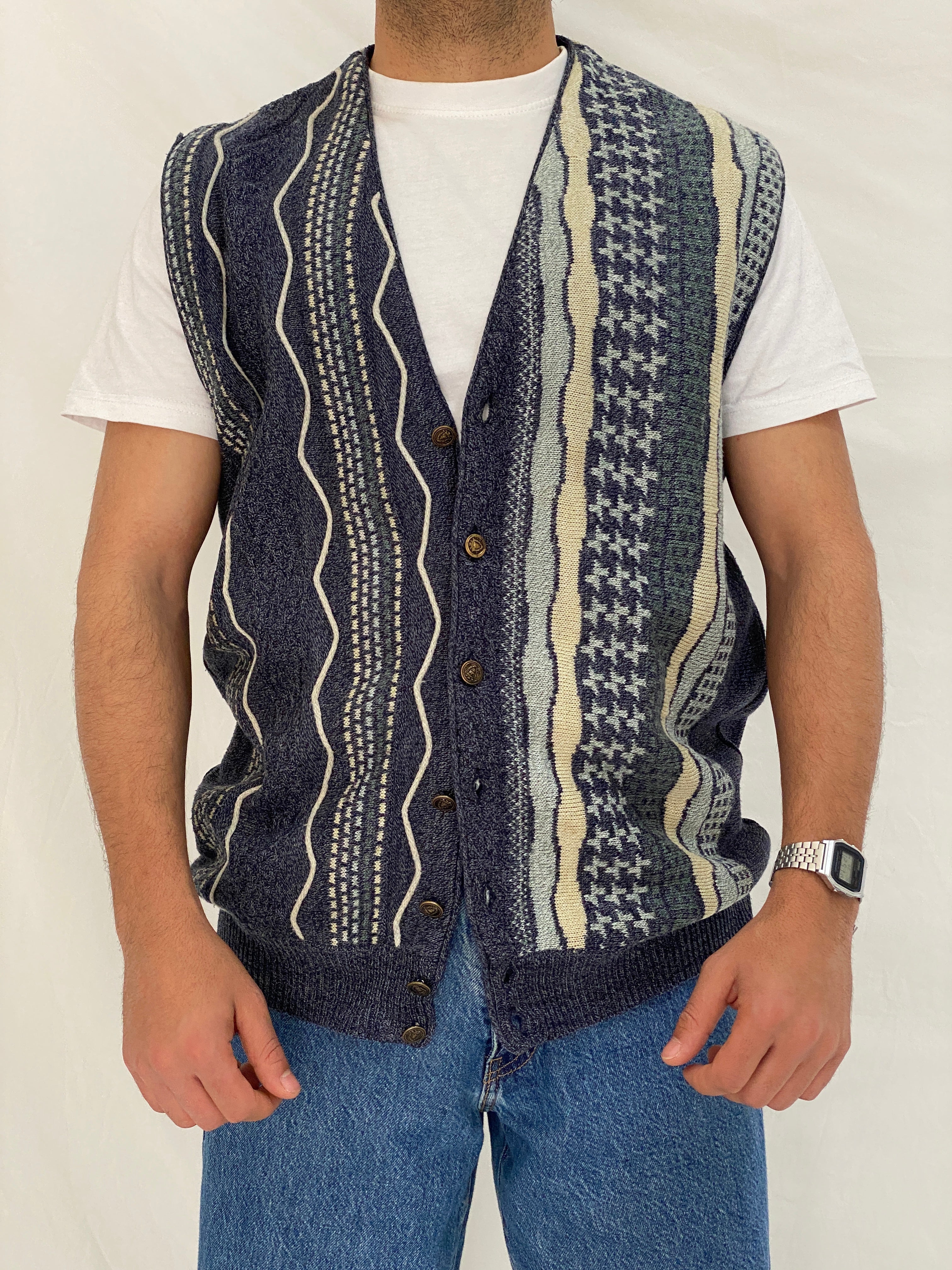 Vintage 90s تريكو Navy Patterned Knit Sweater Vest Cardigan - M