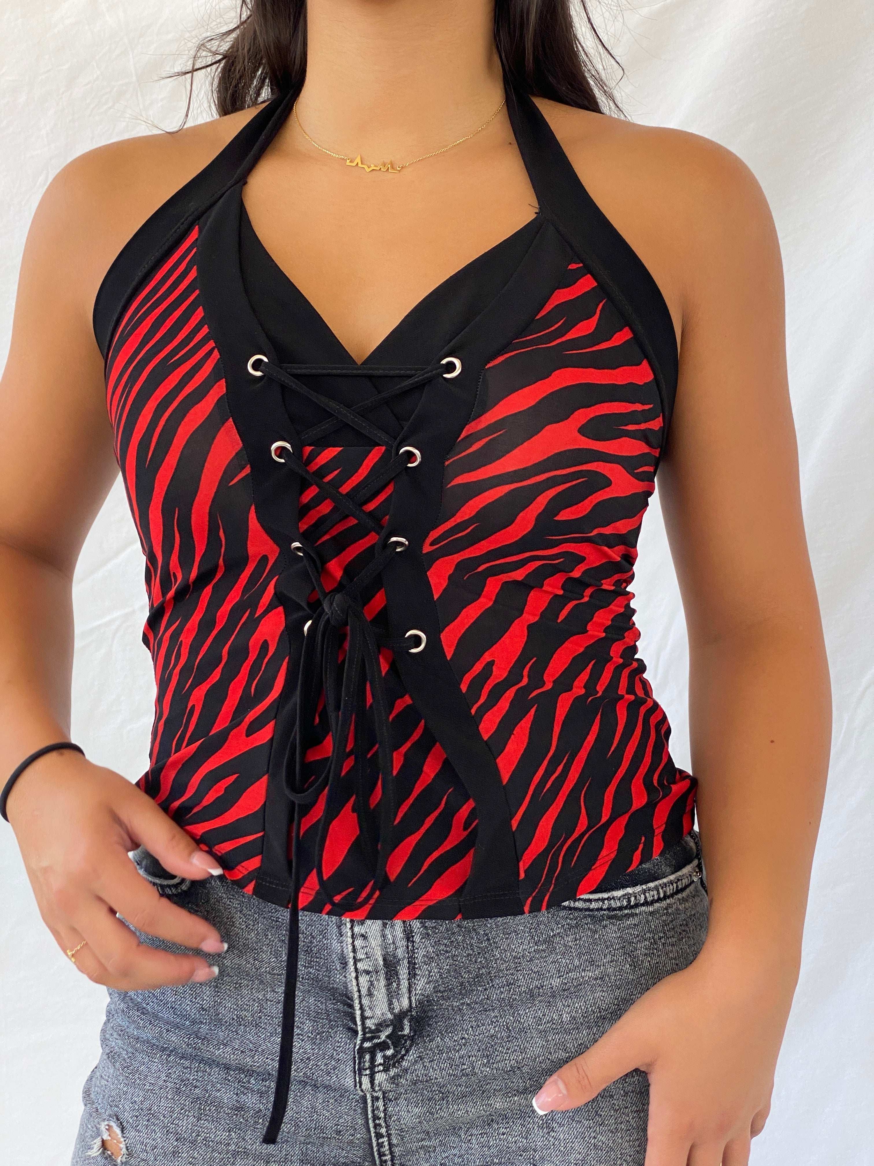 Vintage Y2K N&N Zebra Striped Halter Top - M