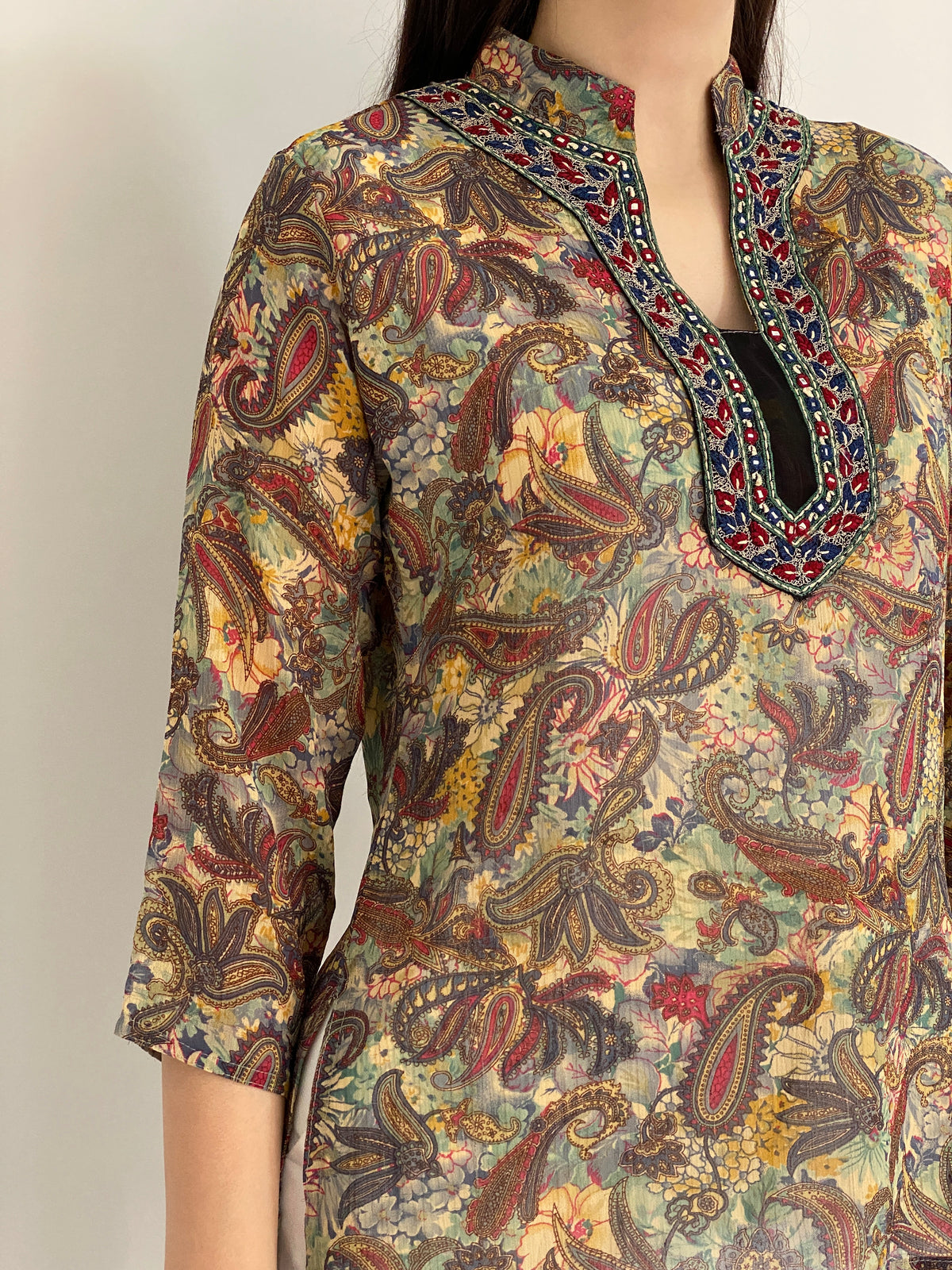 Vintage Y2K Makon Multicolor Paisley Embroidered Sheer Tunic Blouse - L
