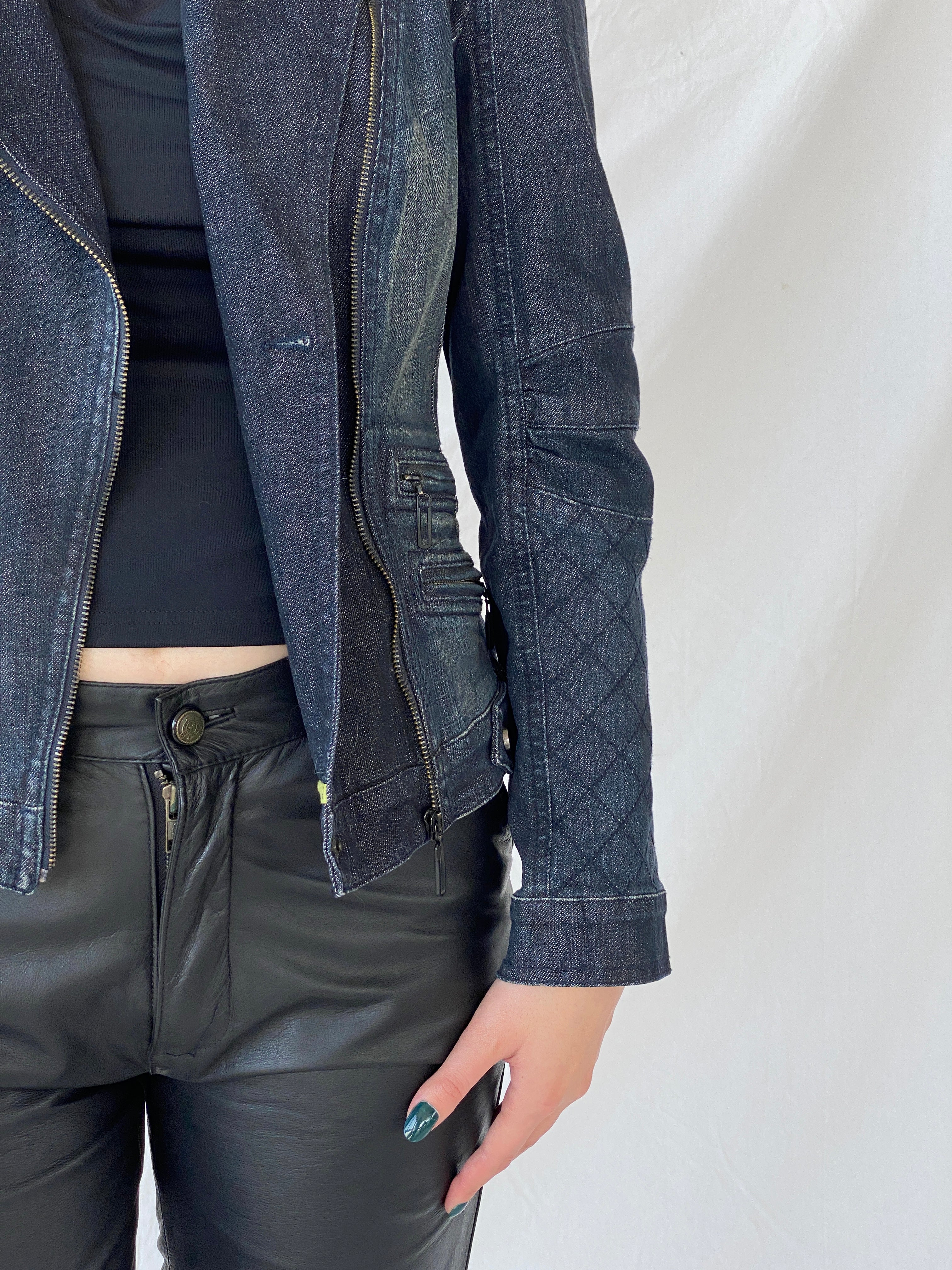 Vintage Y2K Betty Barclay Biker Zipper Denim Jacket With Quilted Detailing - M