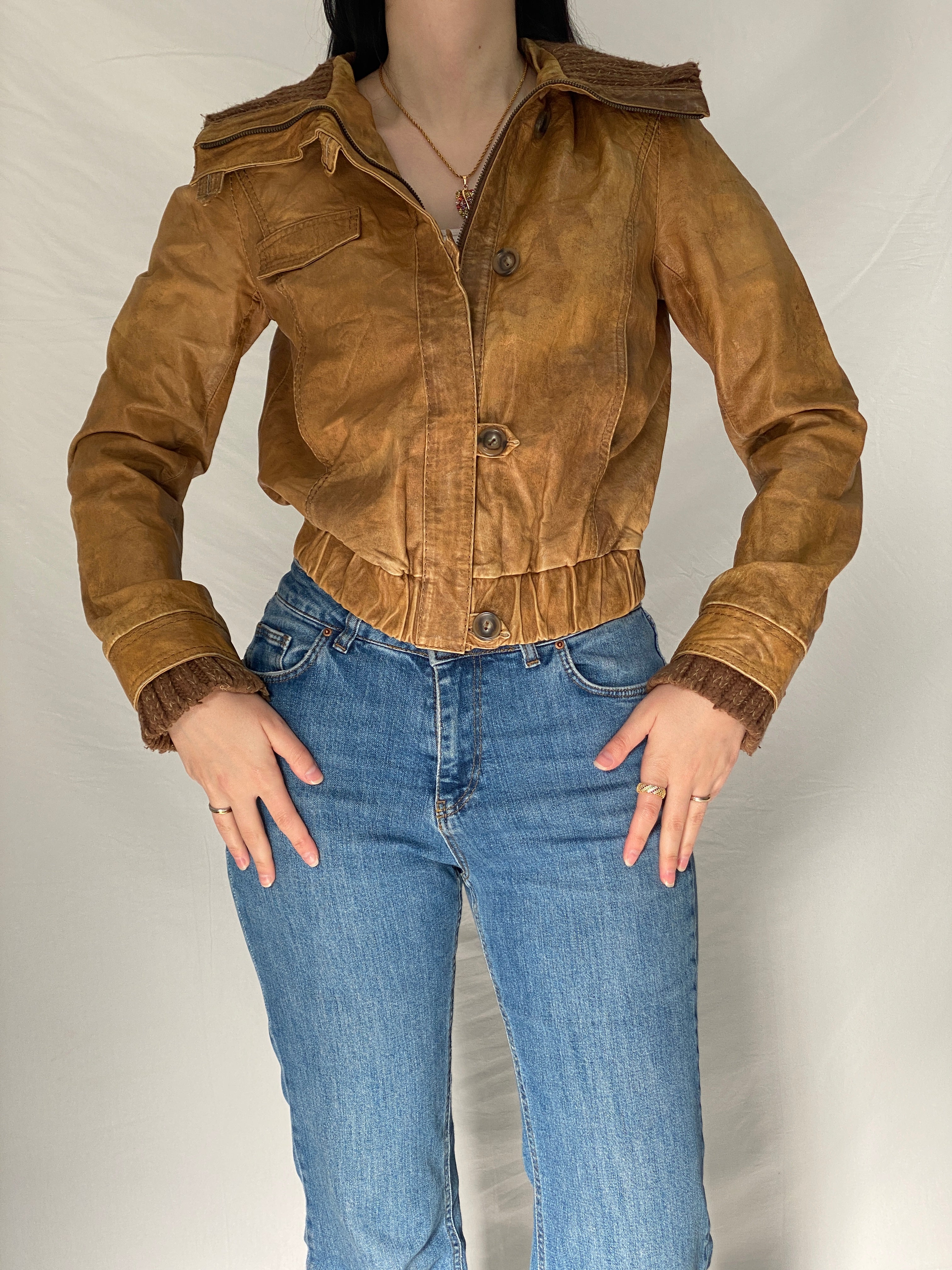 Y2K Jeim Basic Genuine Leather Tan Brown Distressed Cropped Jacket - S
