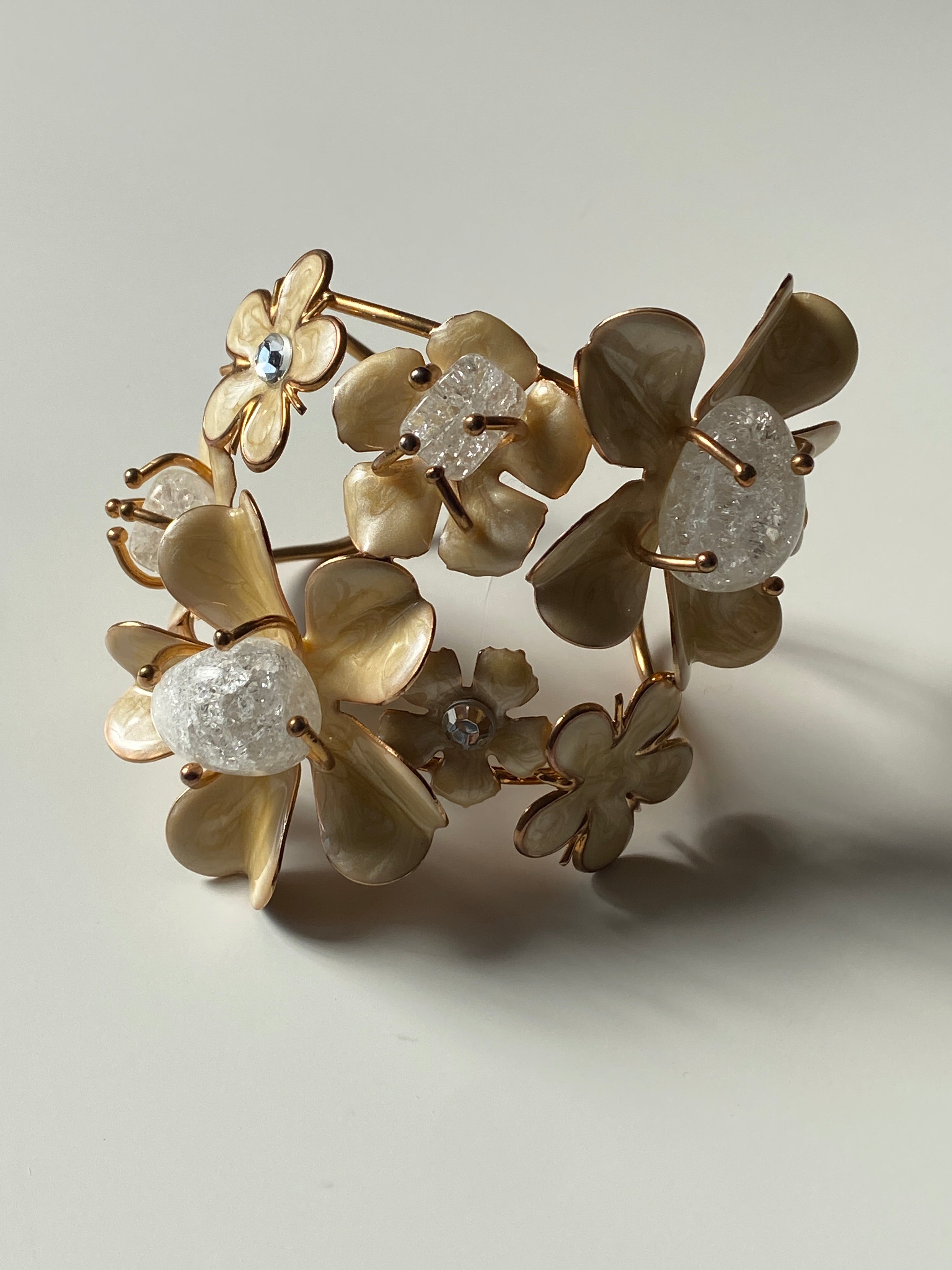 Vintage Floral Statement Bracelet with Enamel Petals & Crackle Glass Stones