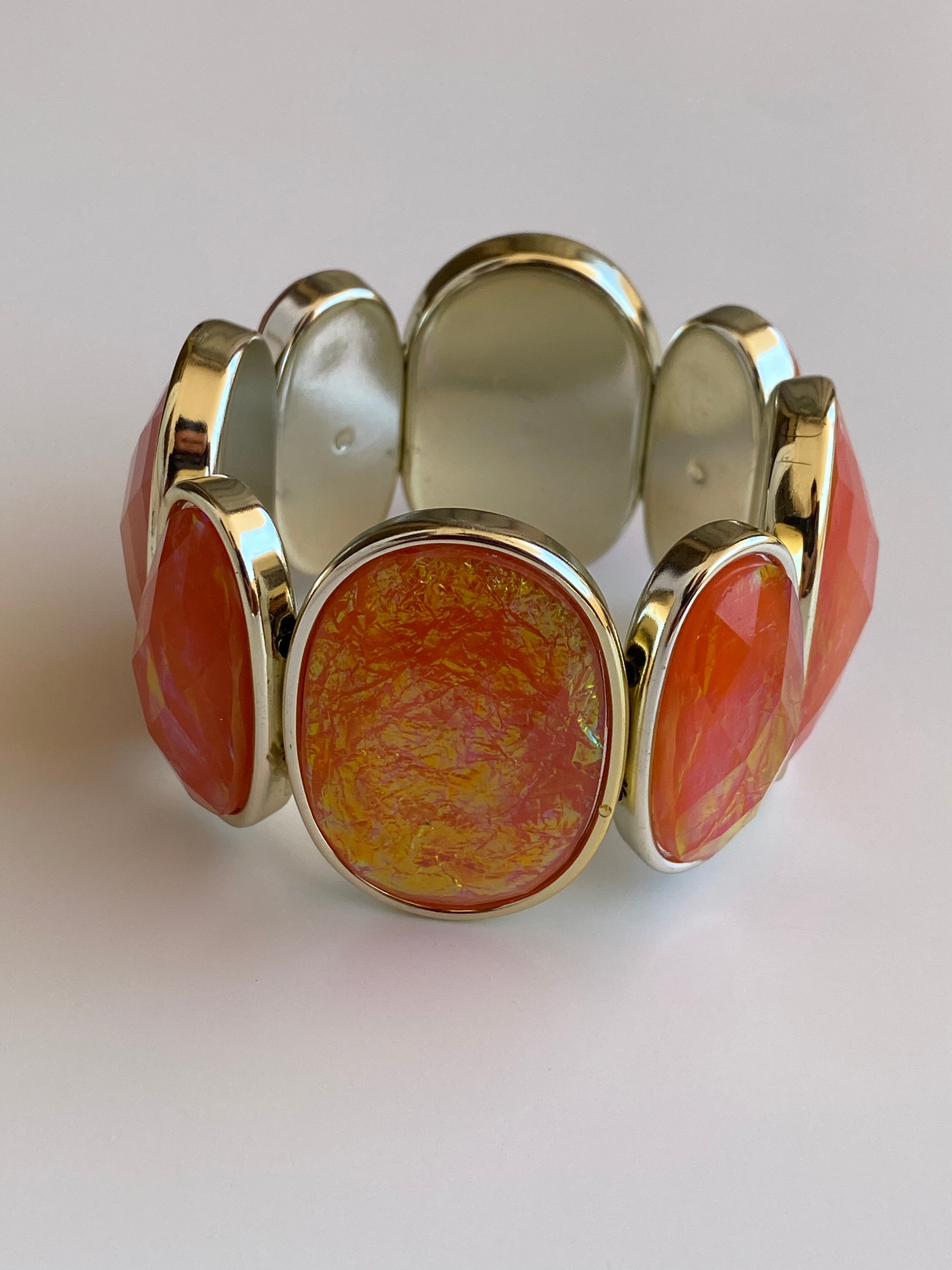 Vintage Orange Lucite Cabochon Silver-Tone Elastic Statement Bracelet