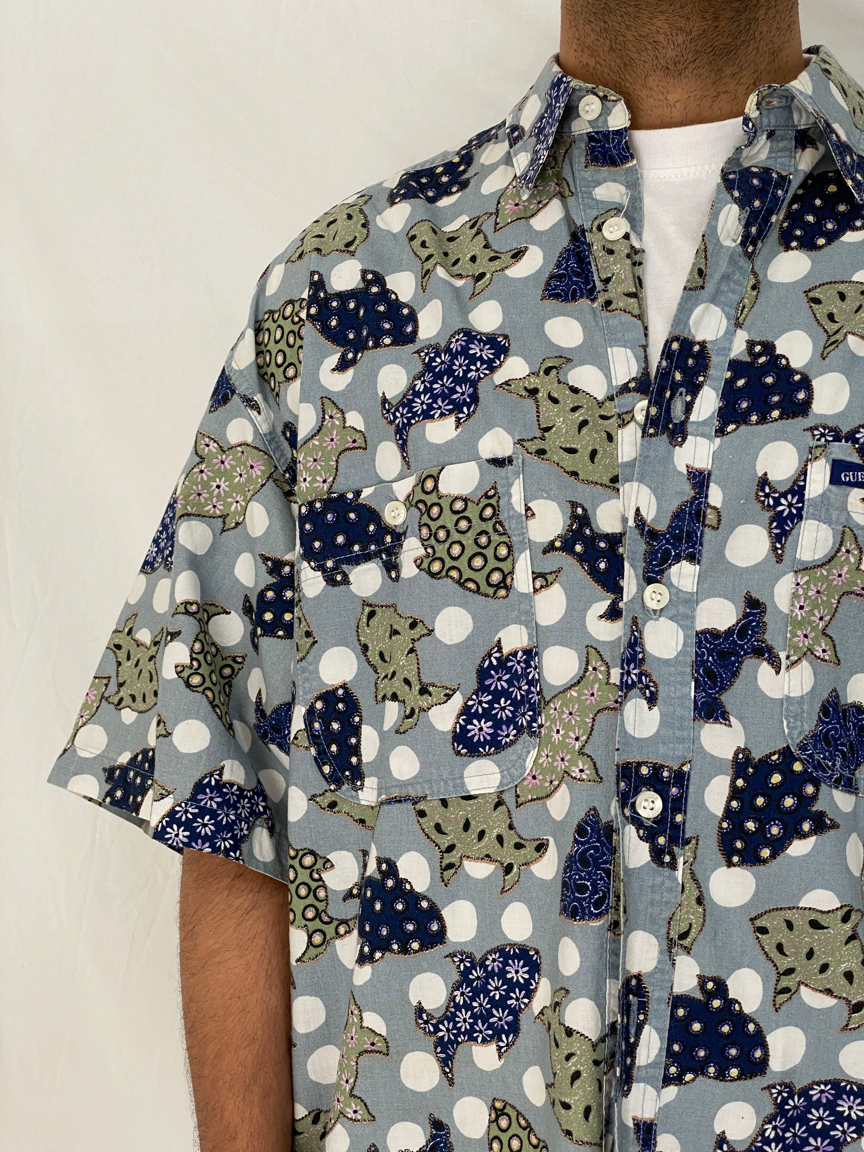 Vintage Guess Abstract Polka Dot Fish Print Blue Cotton Shirt – XL