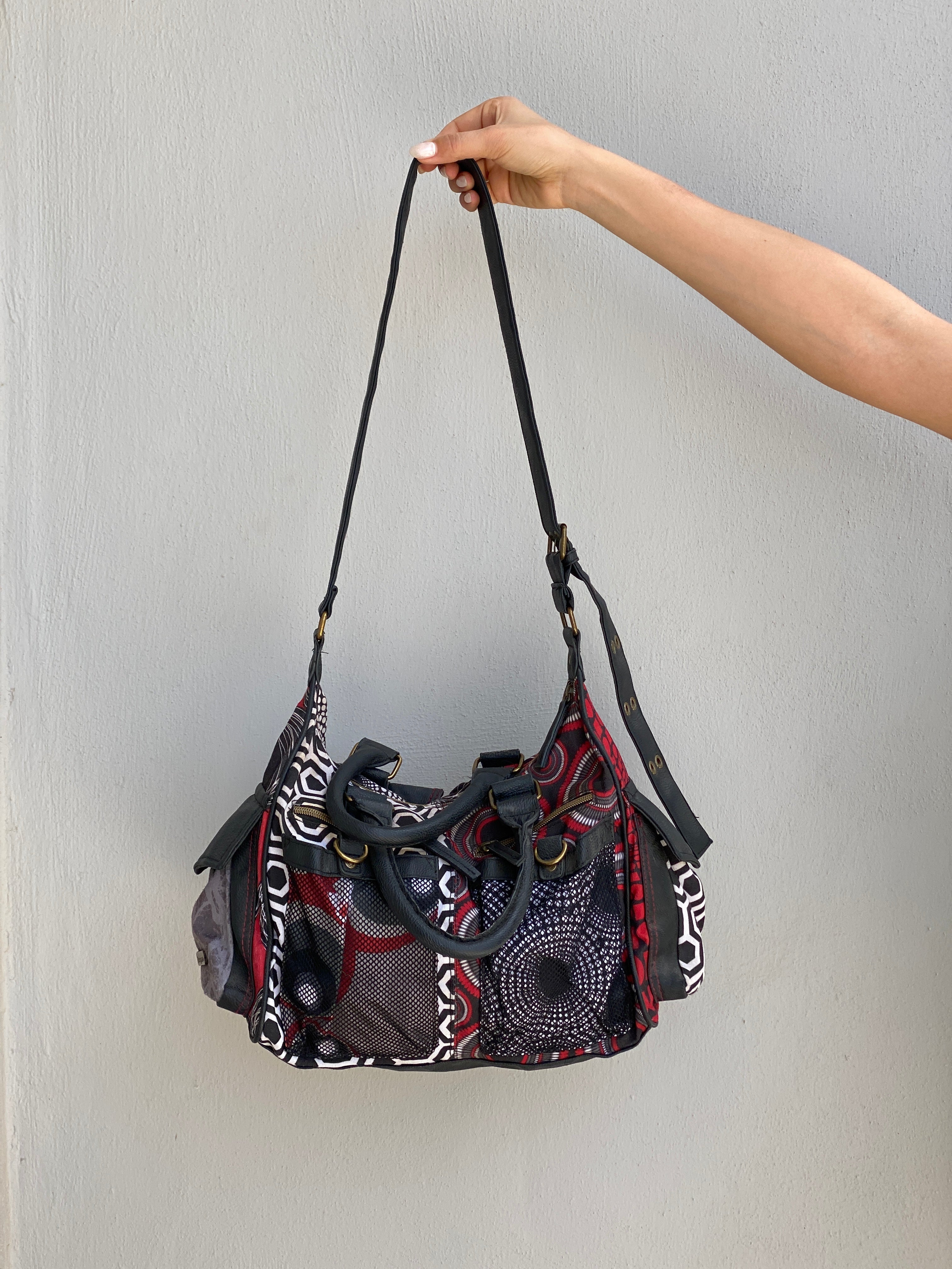 Vintage Y2K Desigual Patchwork Print Multi Pocket Shoulder Bag Boho Graphic Tote