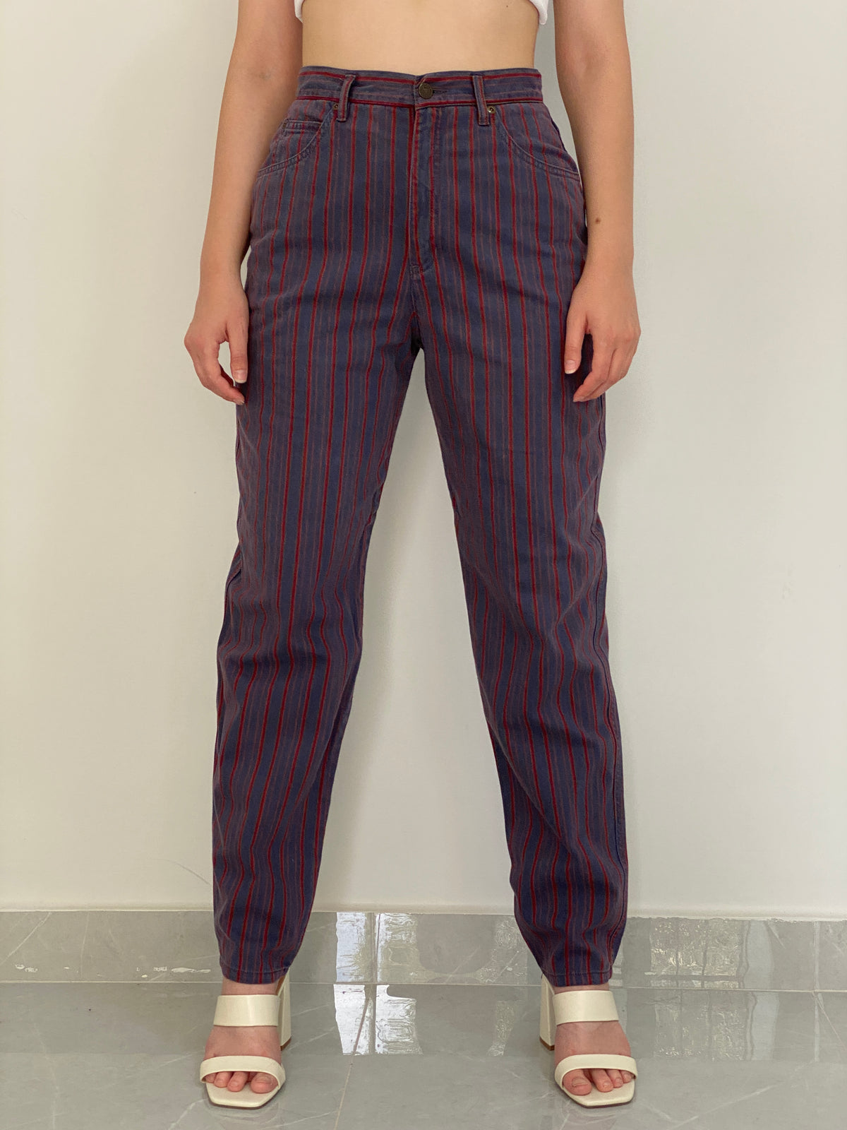 Vintage 90s Lizwear Red Striped Navy High-Waisted Jeans – 36EUR