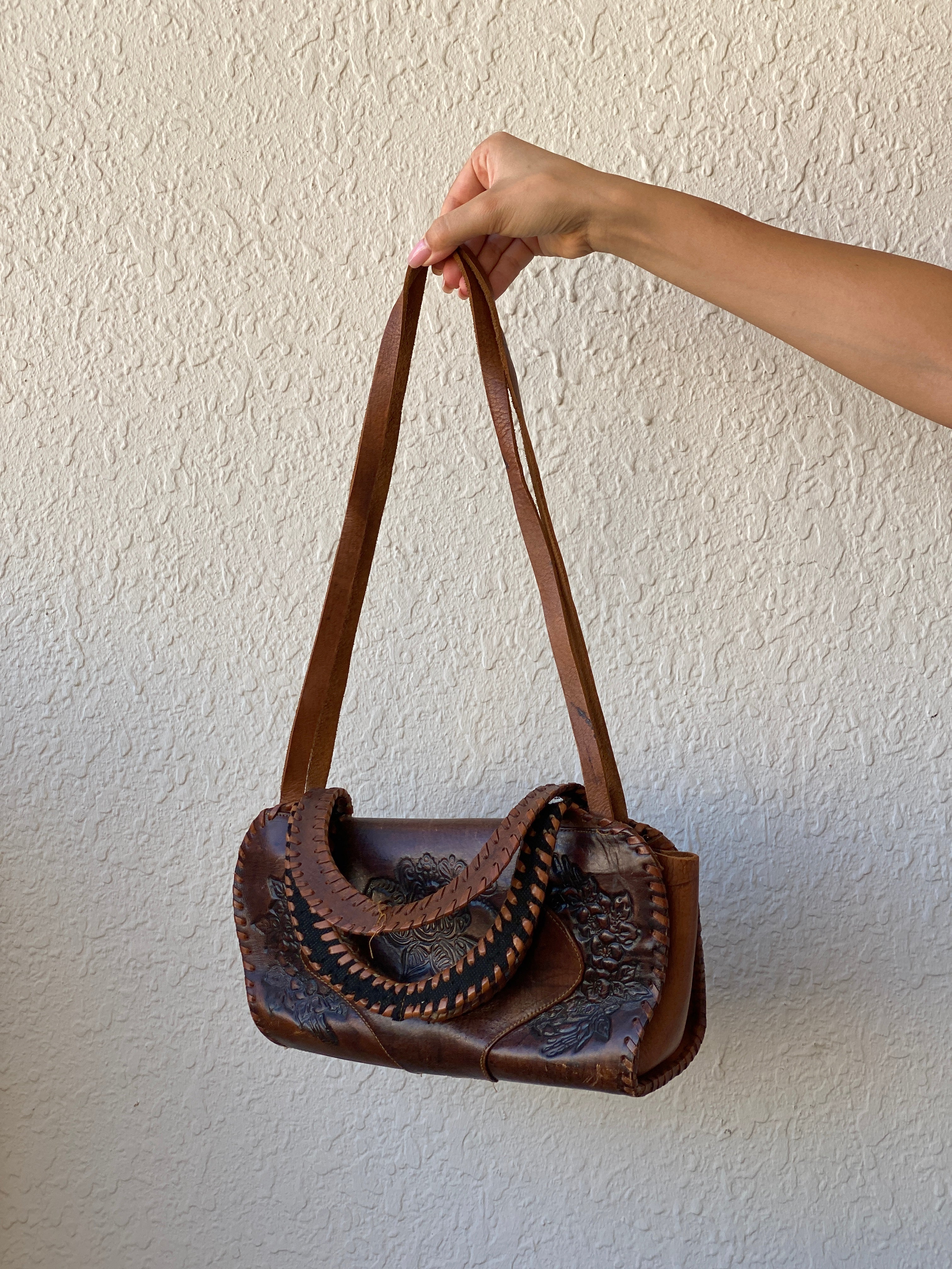 Vintage Handmade African Leather Purse Brown Floral Embossed Shoulder Bag