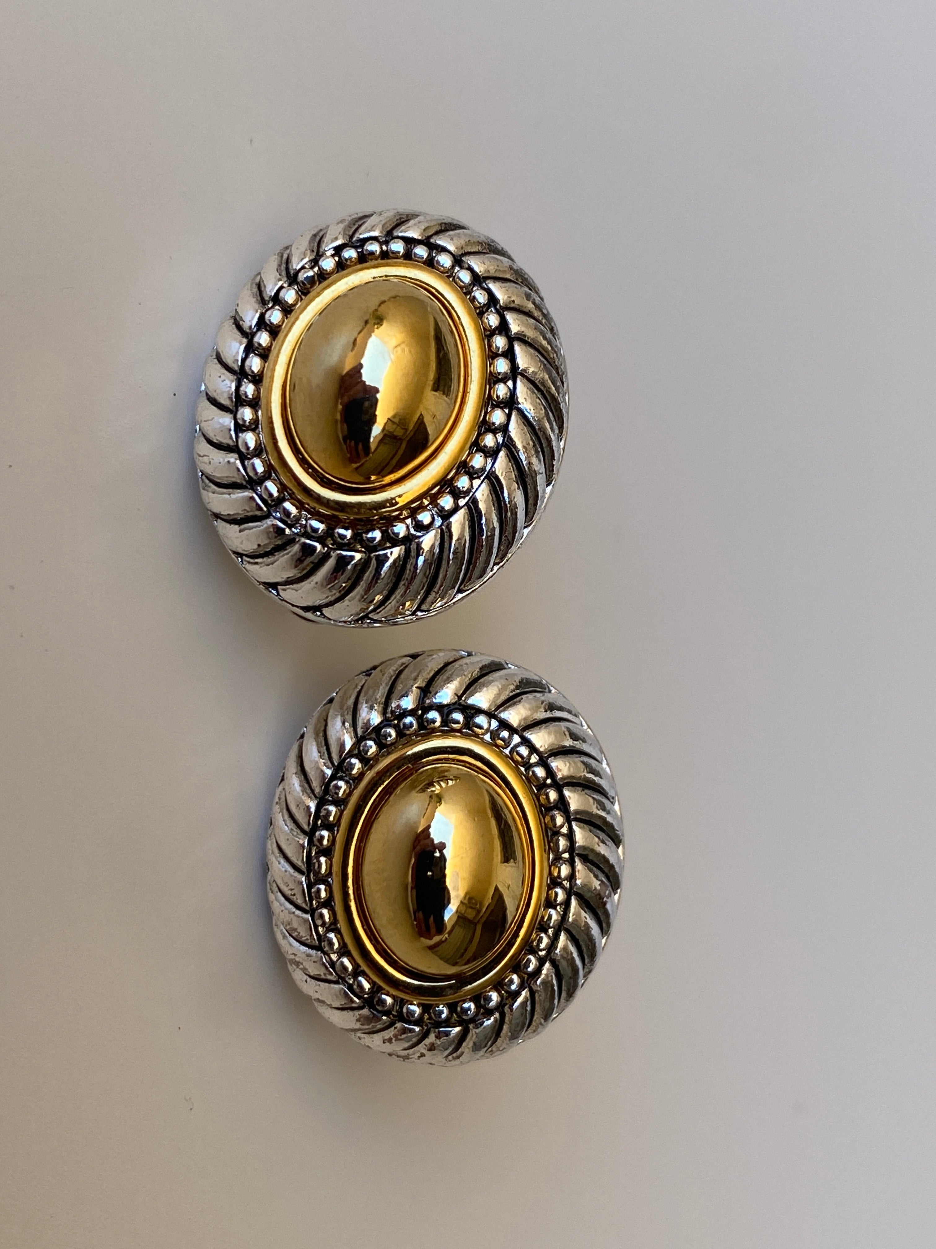 Vintage Two-Tone Oval Clip-On Earrings Gold & Silver Rope Texture Statement Studs