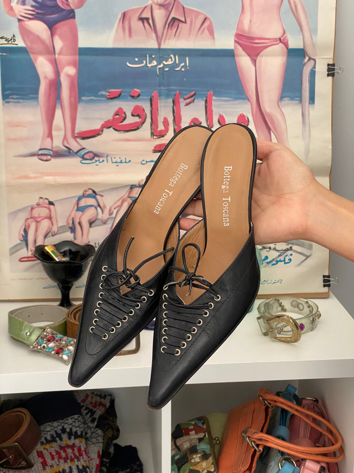 Vintage Bottega Toscana Black Leather Lace-Up Pointed Mule Pumps – 38 EU