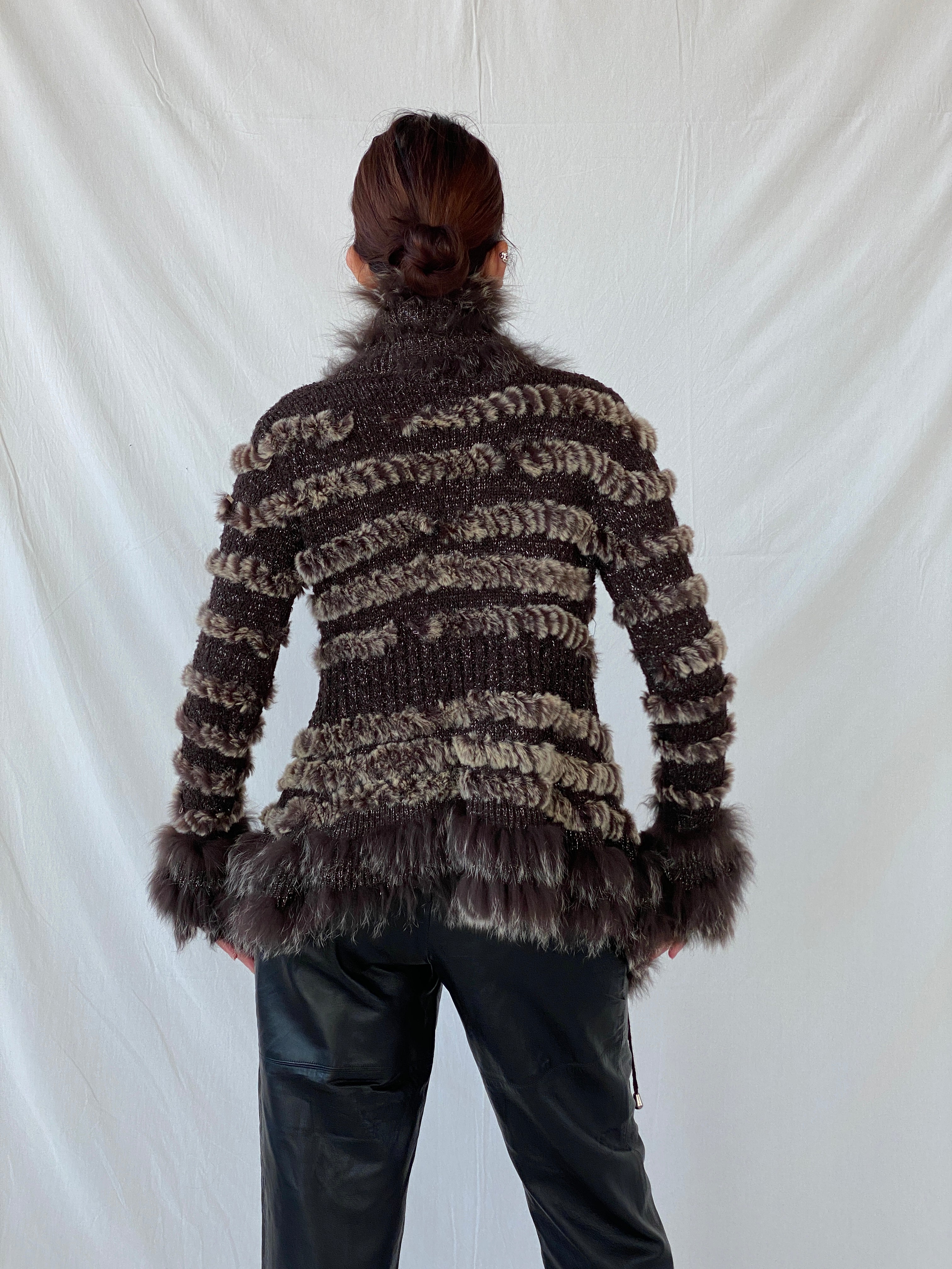 Vintage Knit Rabbit & Fox Fur Brown Cardigan Jacket - S