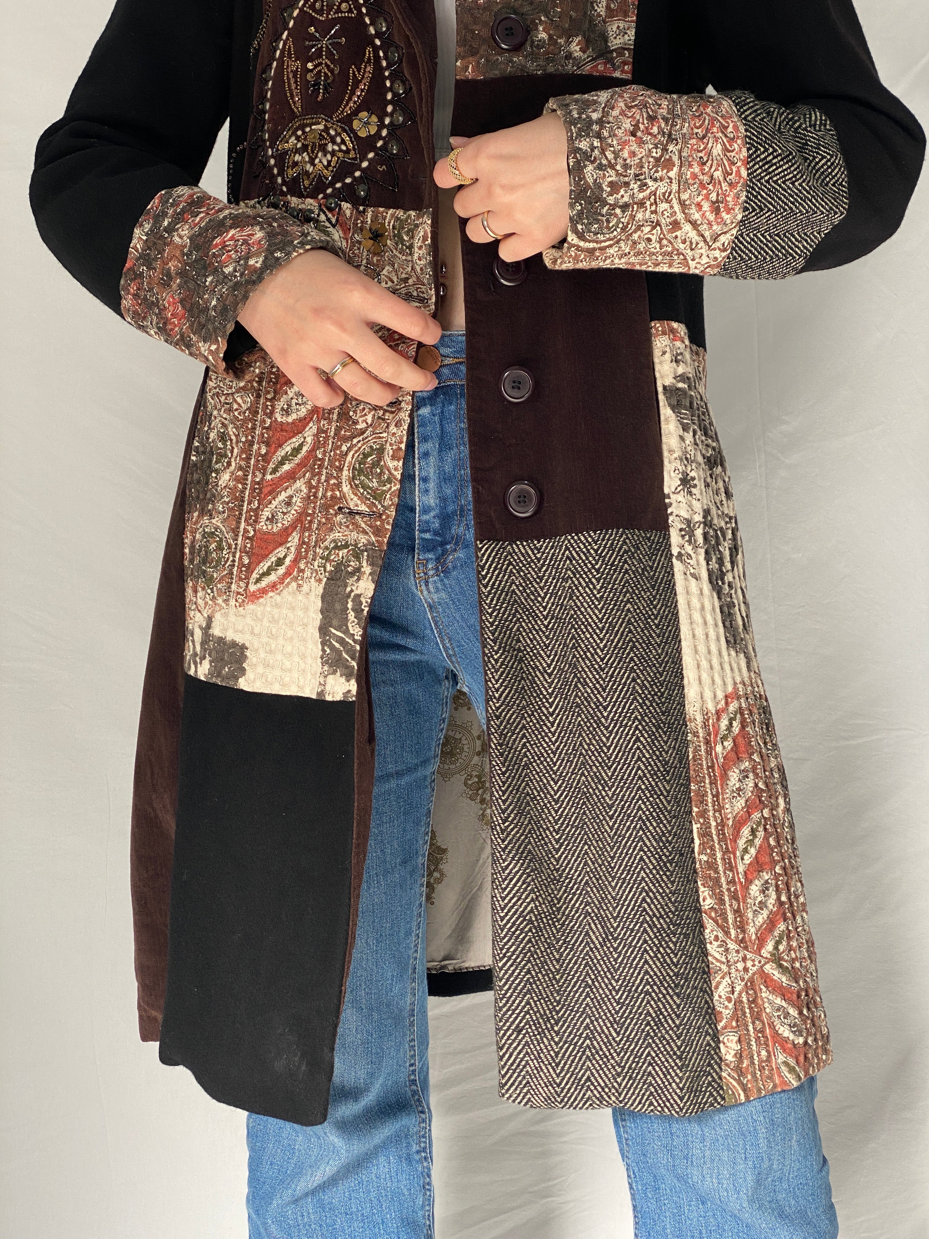 Vintage Derhy Patchwork Coat Bohemian Embroidered Artistic Long Coat 90s 00s Statement Jacket - M