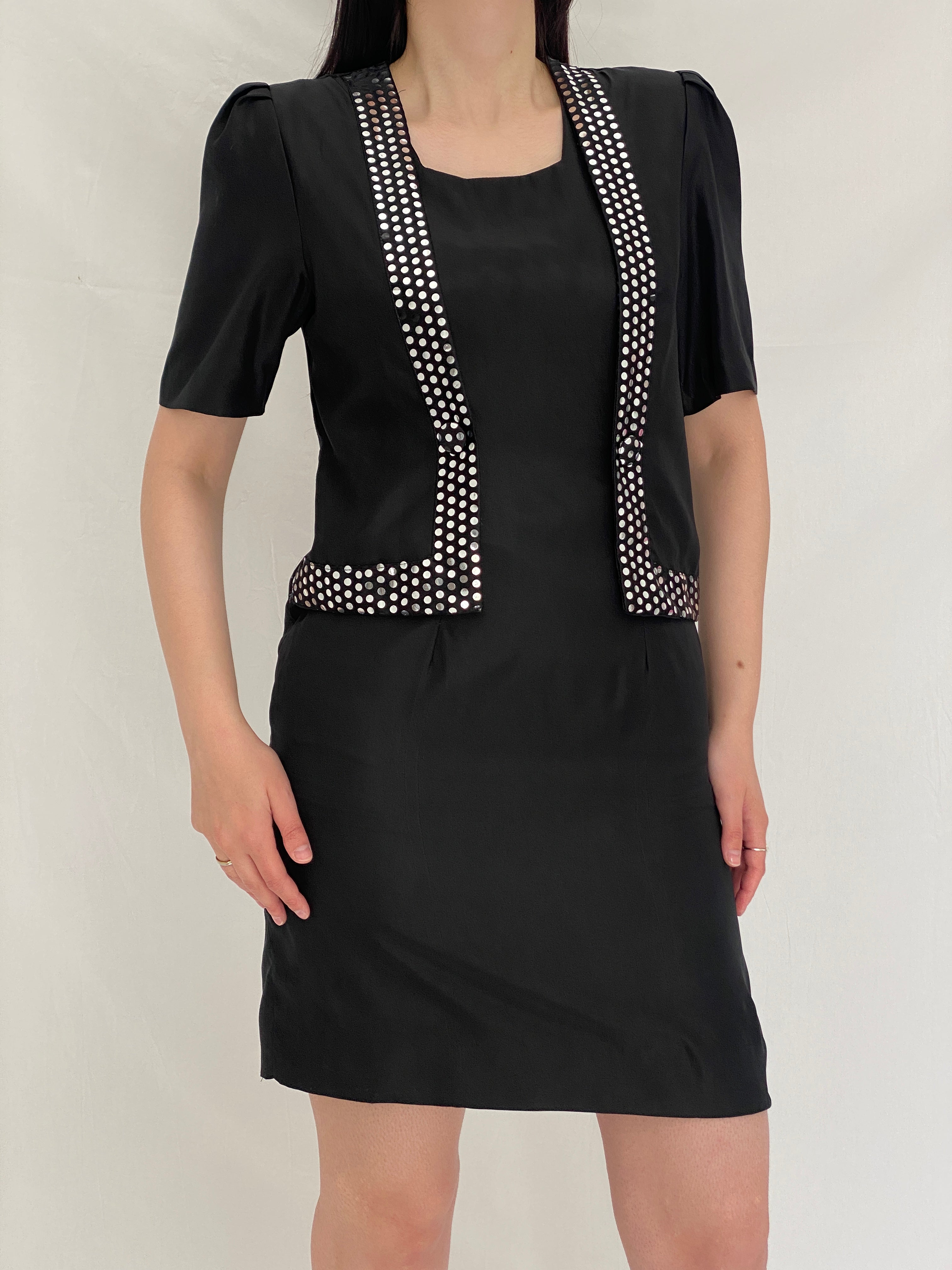 Vintage 90s Black Minimalist Shift Dress with Polka Dot Trim Detail - Vintage 90s Black Minimalist Shift Dress with Polka Dot Trim Detail -