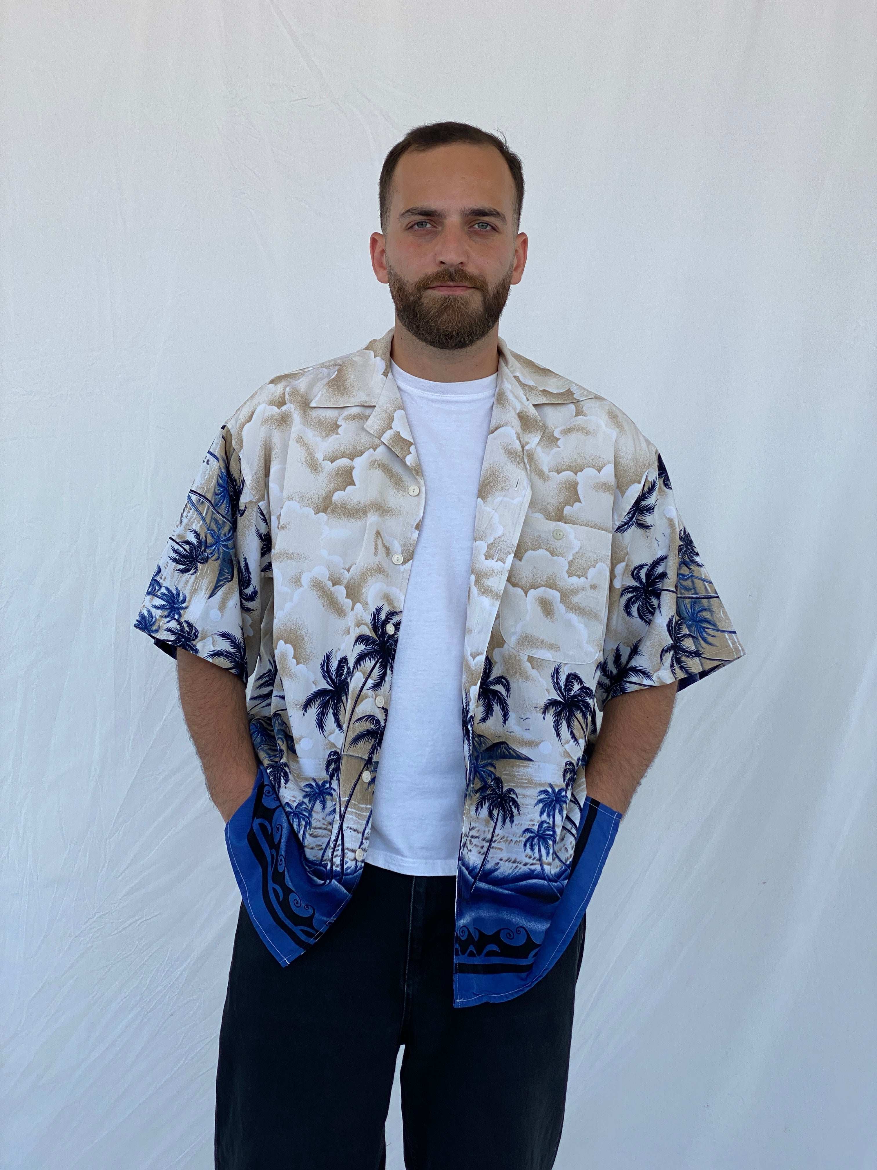 Vintage Ferugini Hawaiian Blue and Beige Palm Trees Hawaii Shirt - L - Balagan Vintage Half Sleeve Shirt 90s, half sleeve shirt, Hawaiian shirt, Iyad, mens shirt, NEW IN, printed shirt