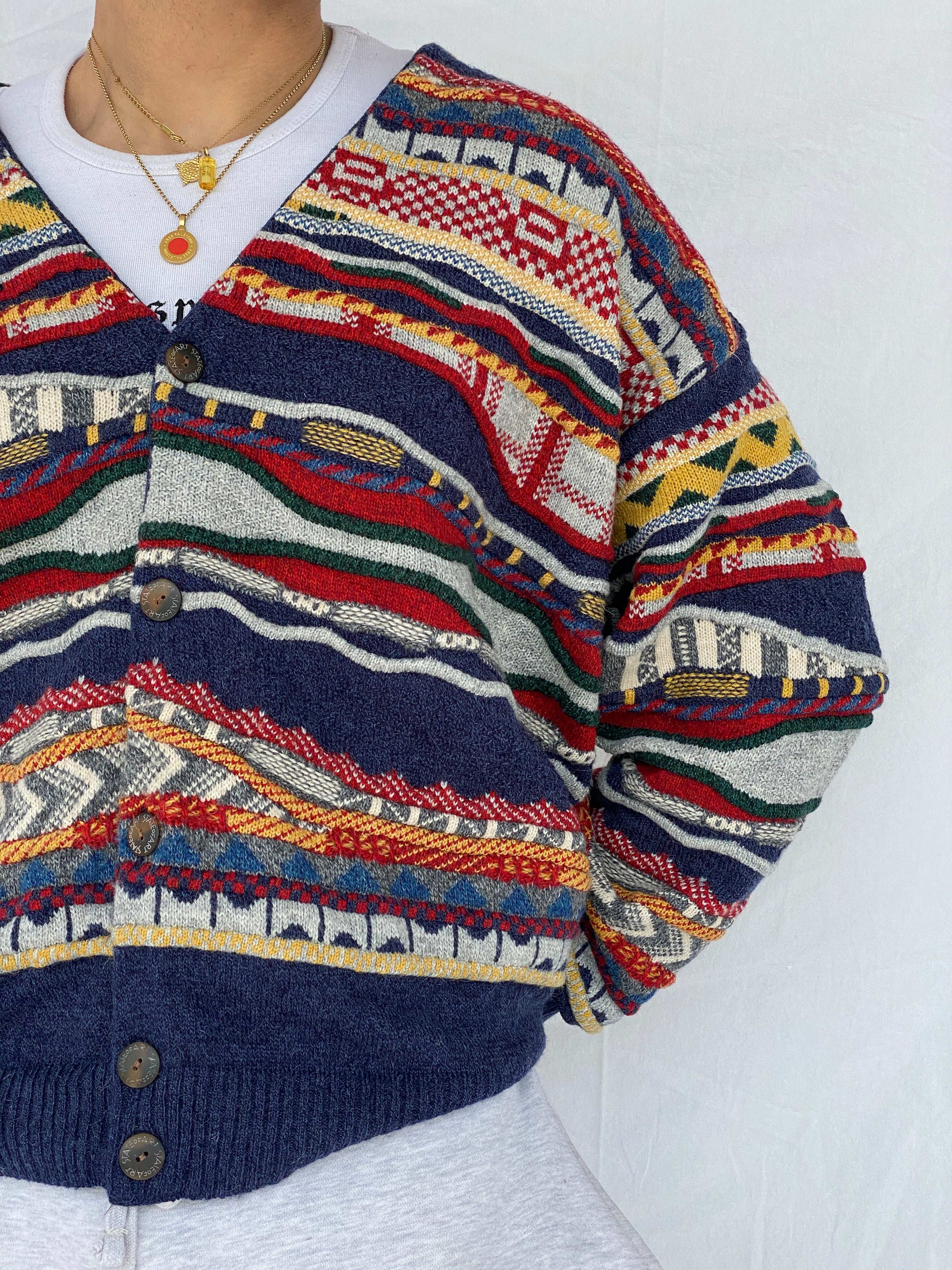 Vintage State of Art Coogi-Style Knitted Multi-Colored Cardigan Sweater - Size XL - Balagan Vintage Cardigan 90s, Abdullah, cardigan, knitted cardigan, knitted sweater, oversized sweater, vintage sweater, winter