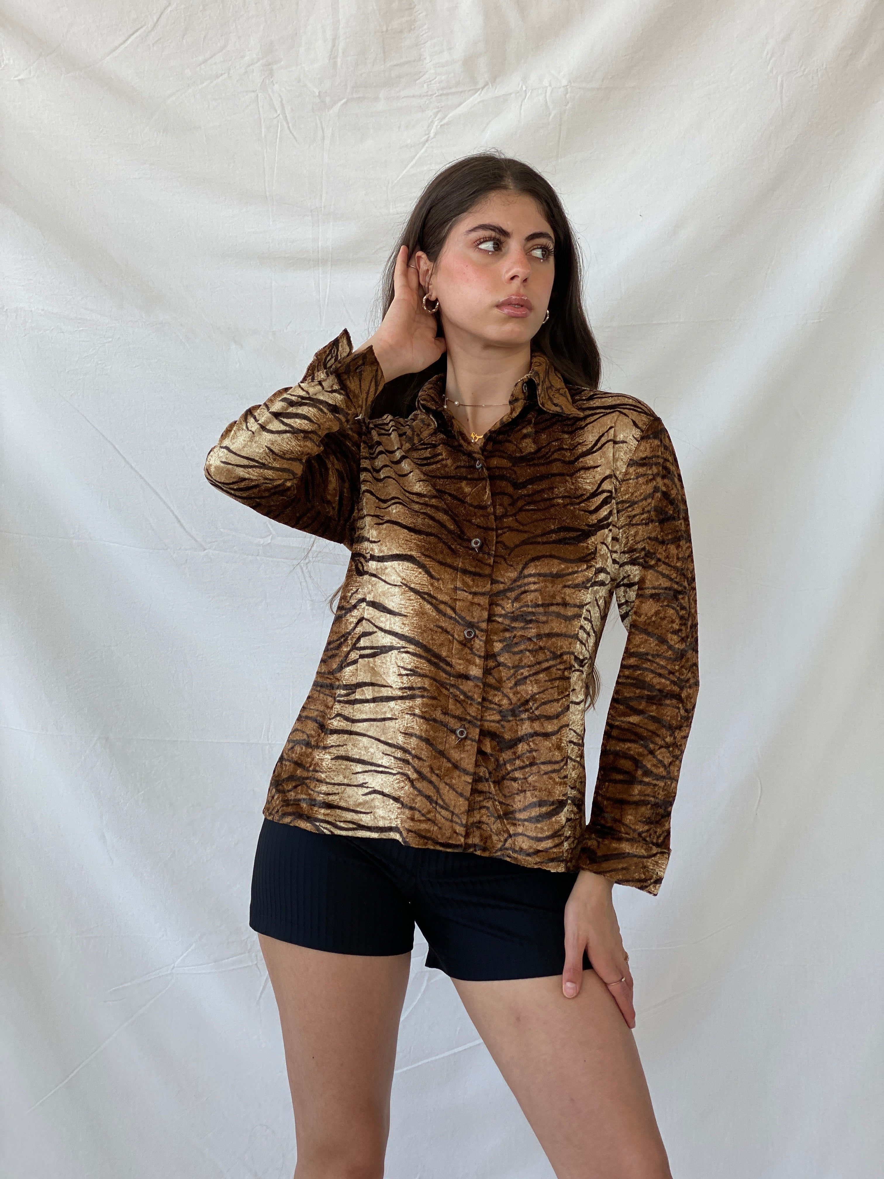 Vintage 90s Podyum Tiger Print Velvet Shirt - M