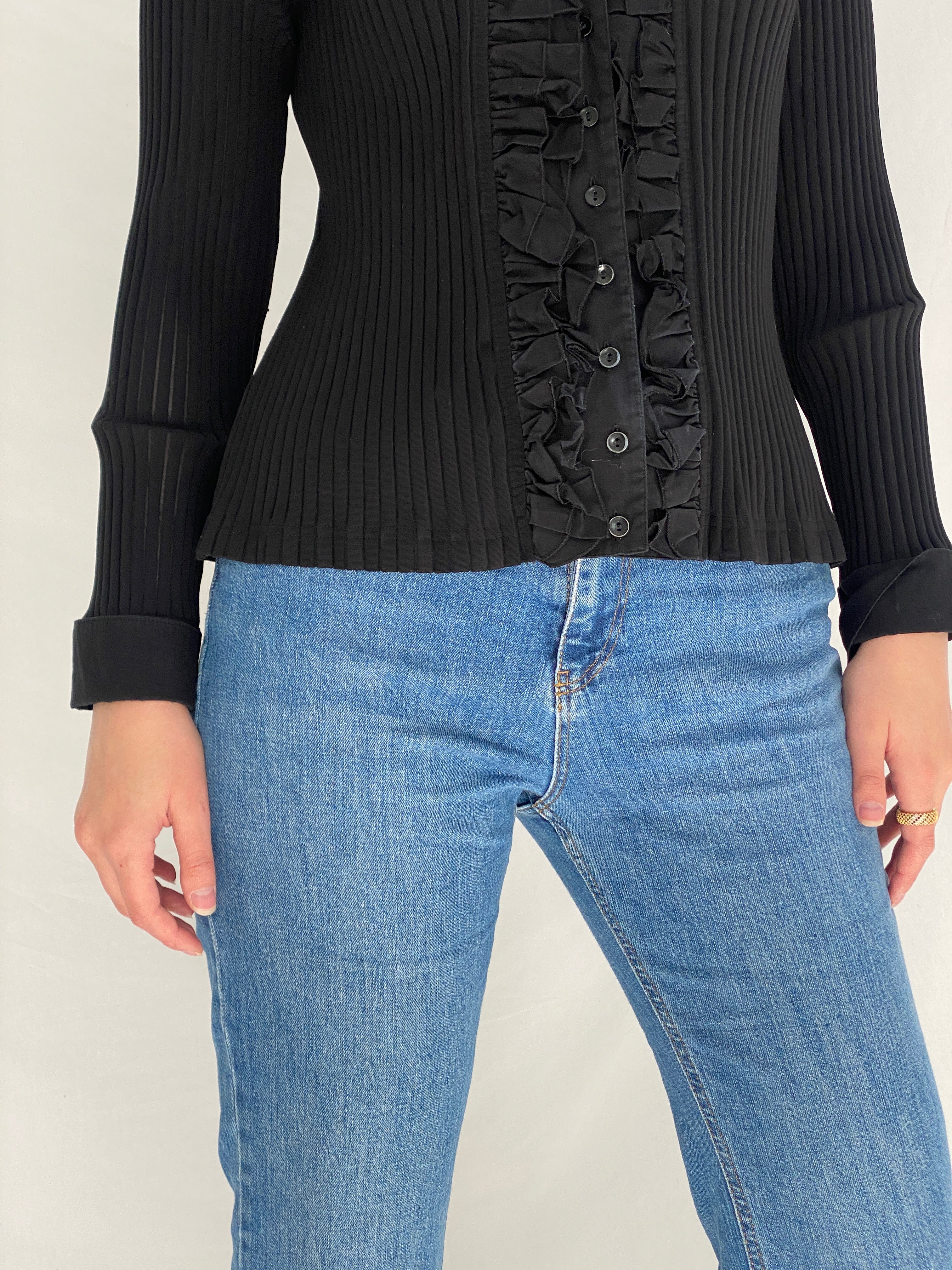 Y2K Taifun Black Ruffle Button-Up Cardigan Shirt Pleated Fitted Blouse - L