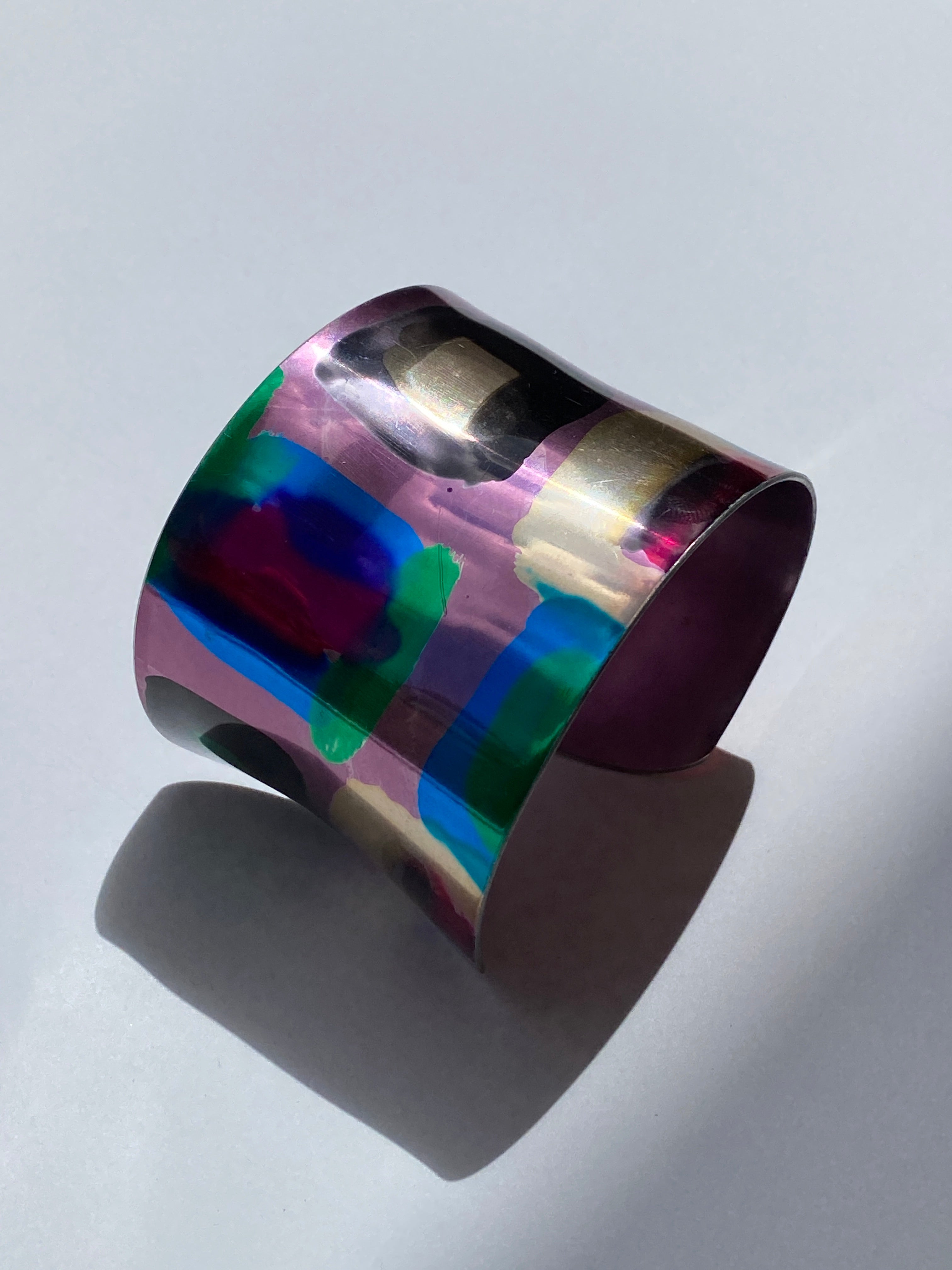 Vintage 1990s Pink Abstract Painted Wide Metal Cuff Bracelet