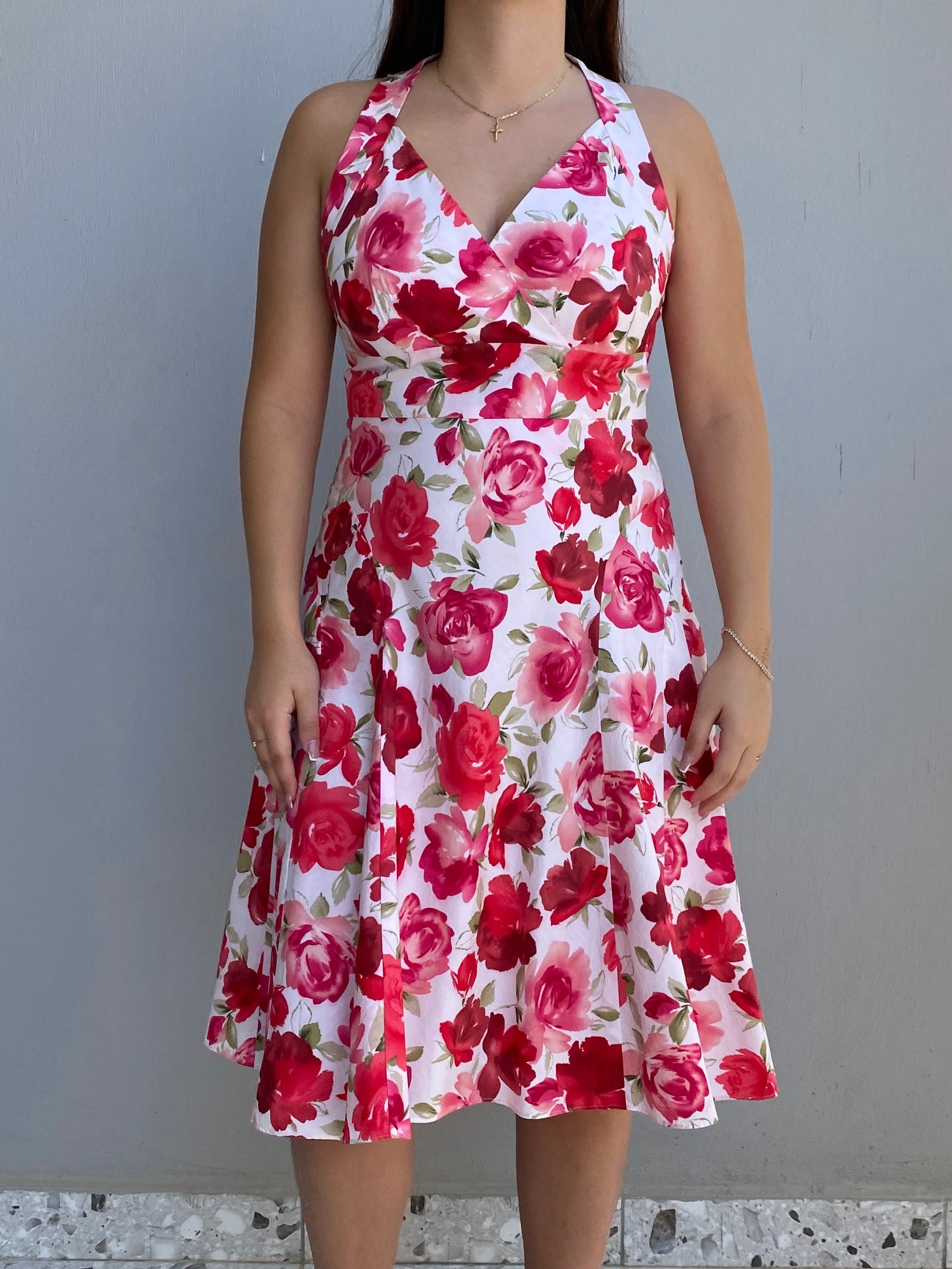 Vintage Talbots Petites White & Pink Cotton Rose Floral Halter Midi Dress – M