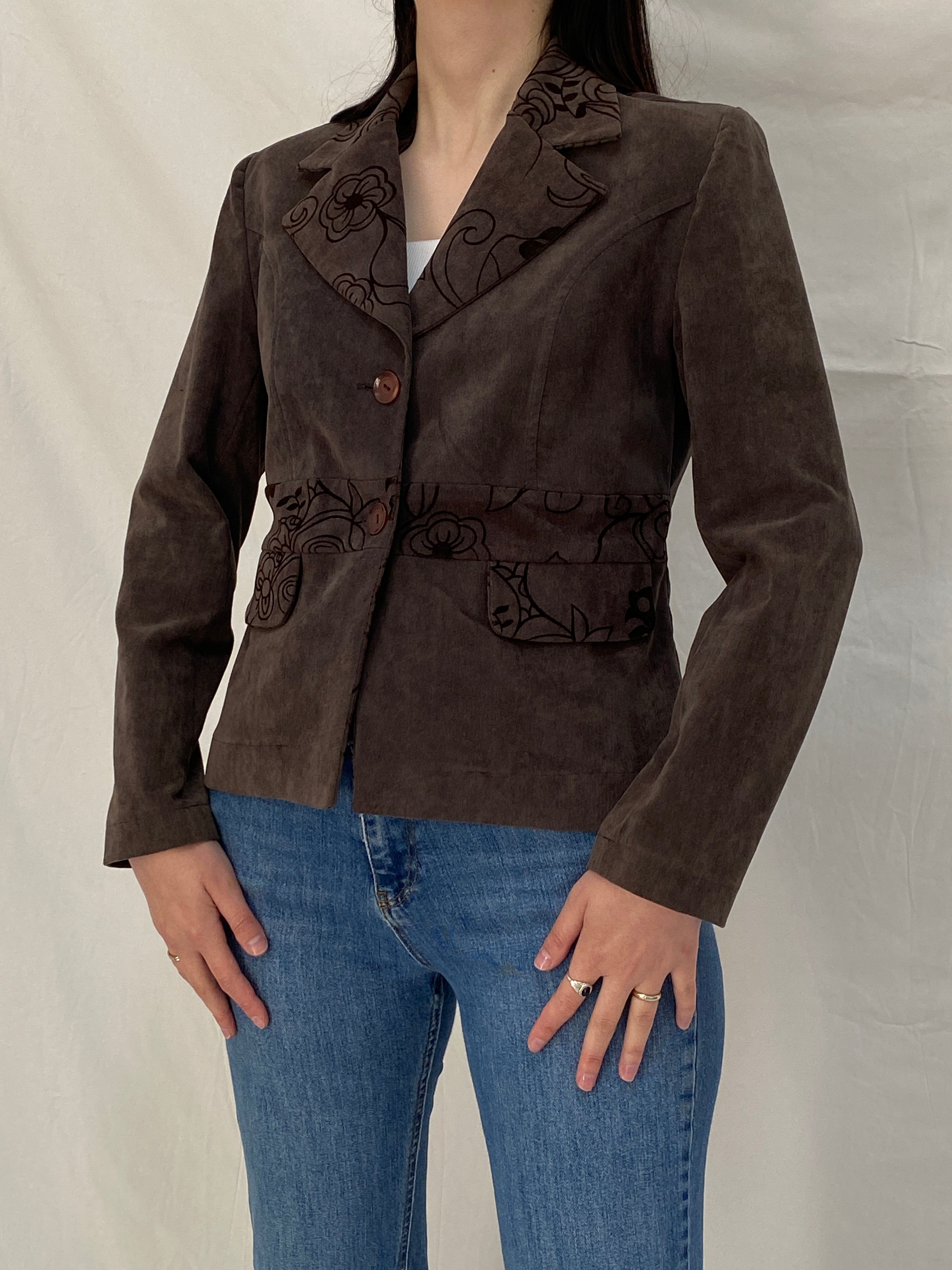 Vintage 90s Brown Textured Floral Blazer Jacket - M