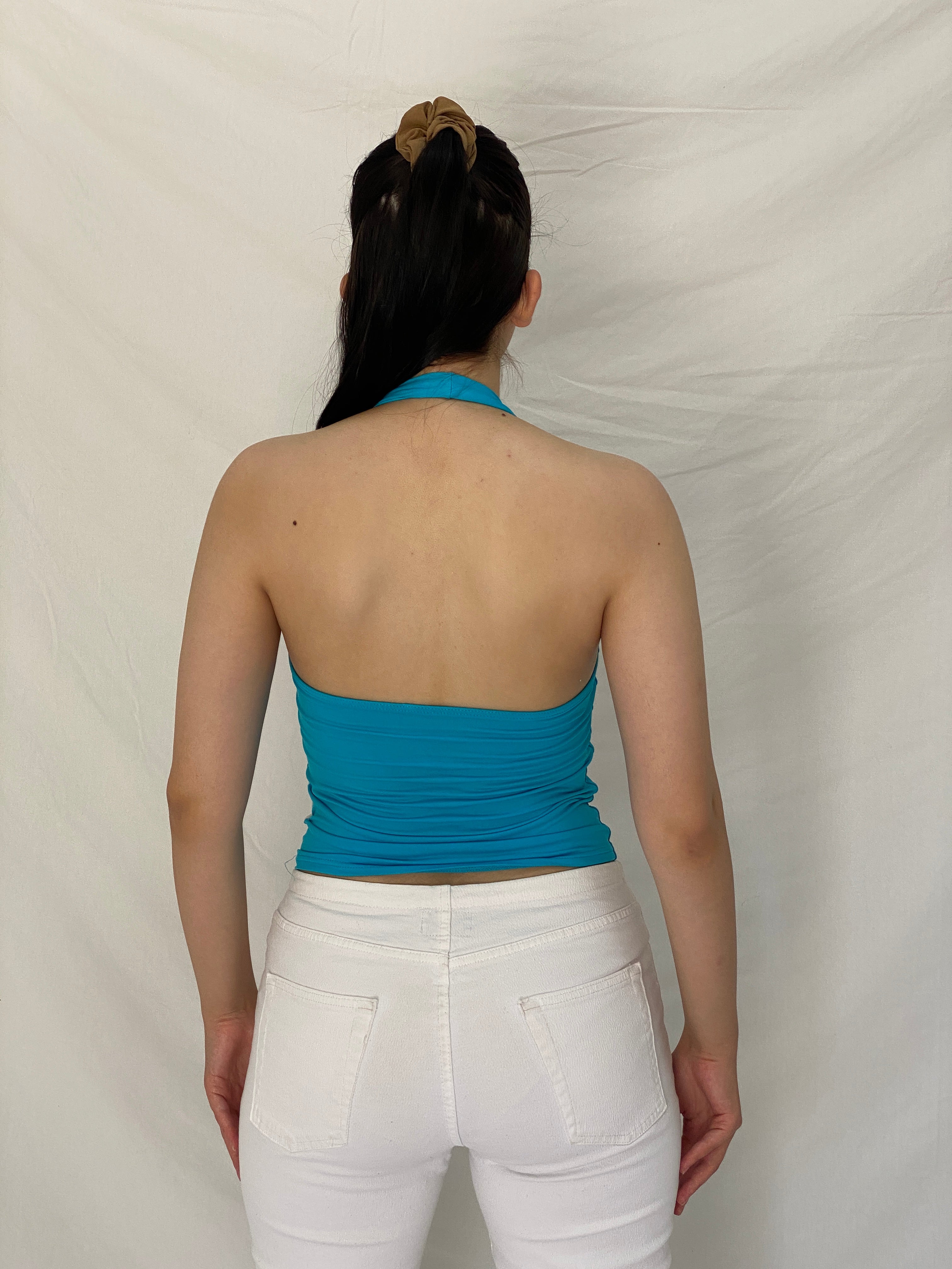 Y2K Turquoise & White Graphic Abstract Swirl Halter Top – M