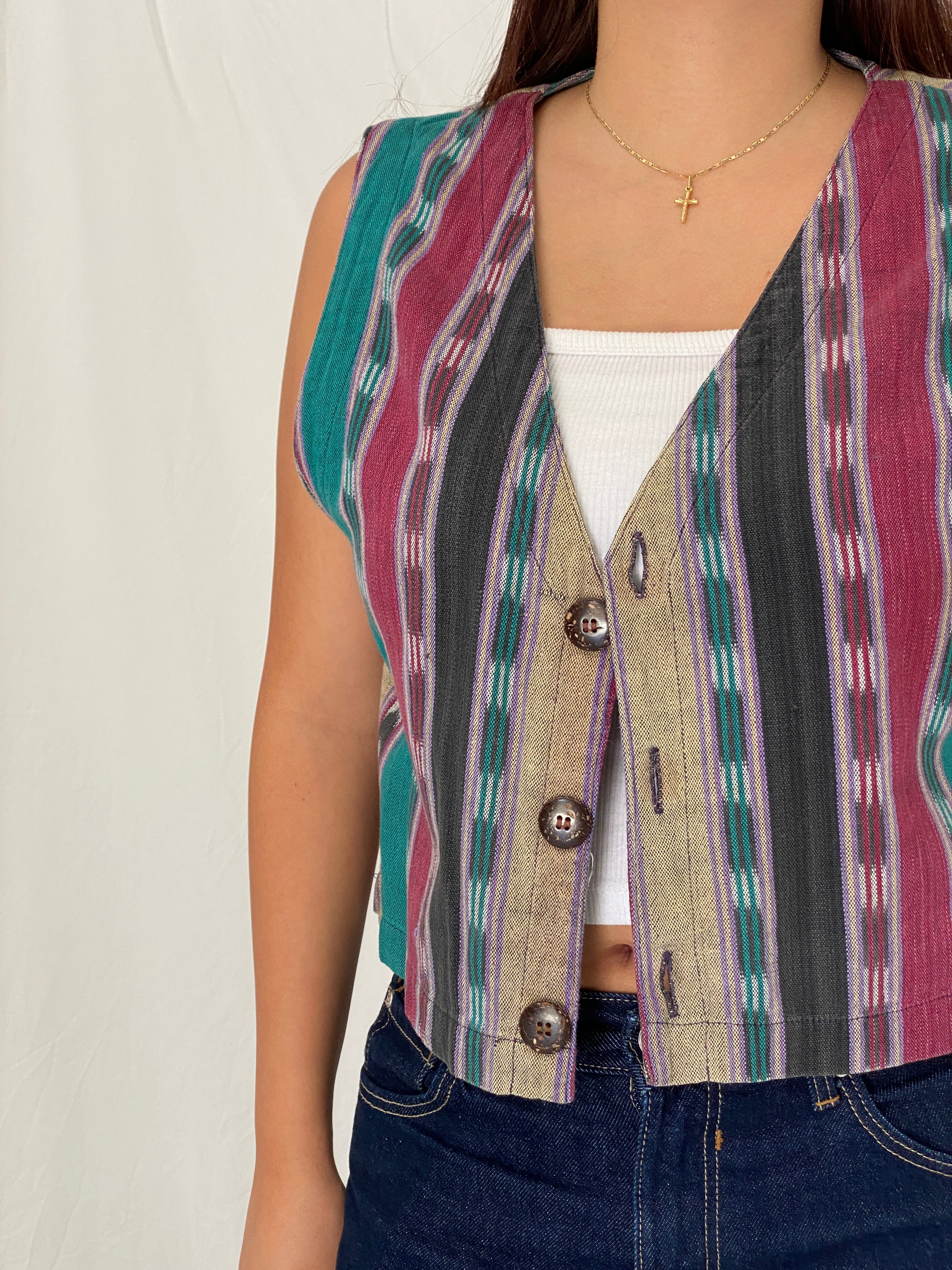 Vintage 90s Chico’s Design Cotton Multicolor Tribal Woven Vest – S/M