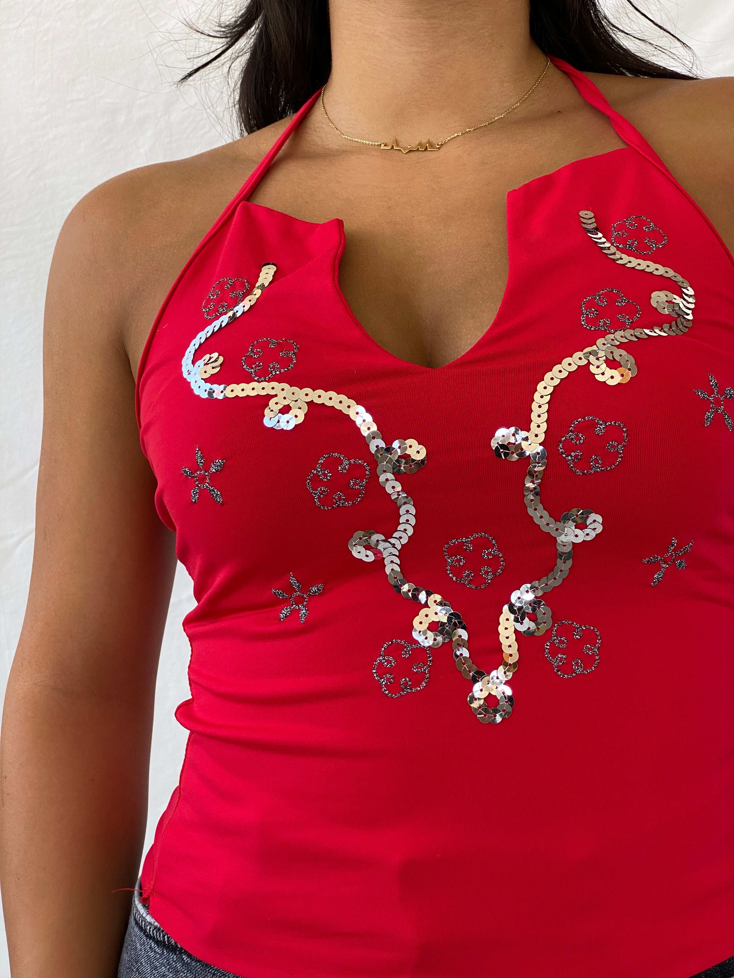 2000s On-Line Red Silver Sequined V-Neck Halter Top - S/M