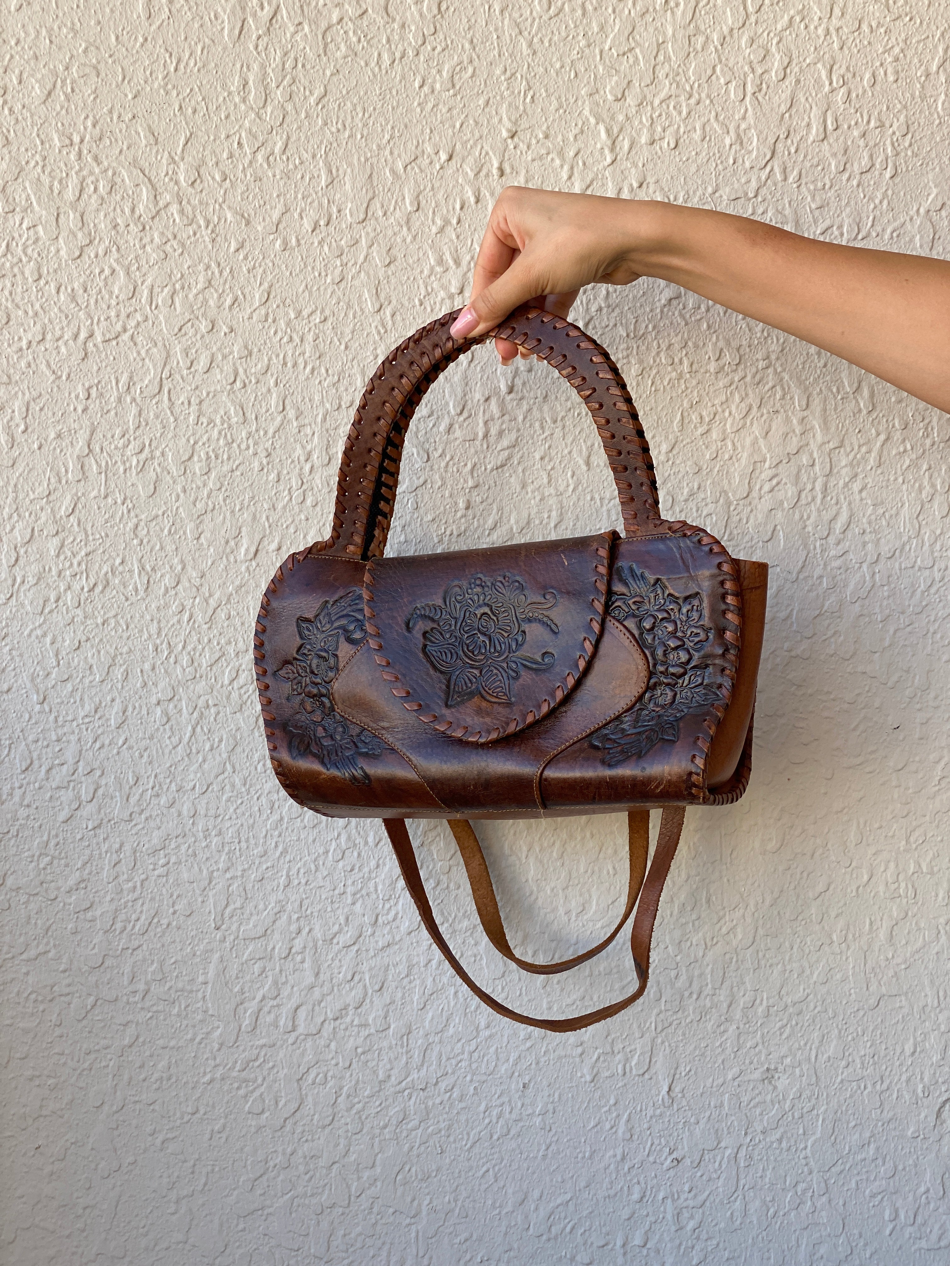 Vintage Handmade African Leather Purse Brown Floral Embossed Shoulder Bag