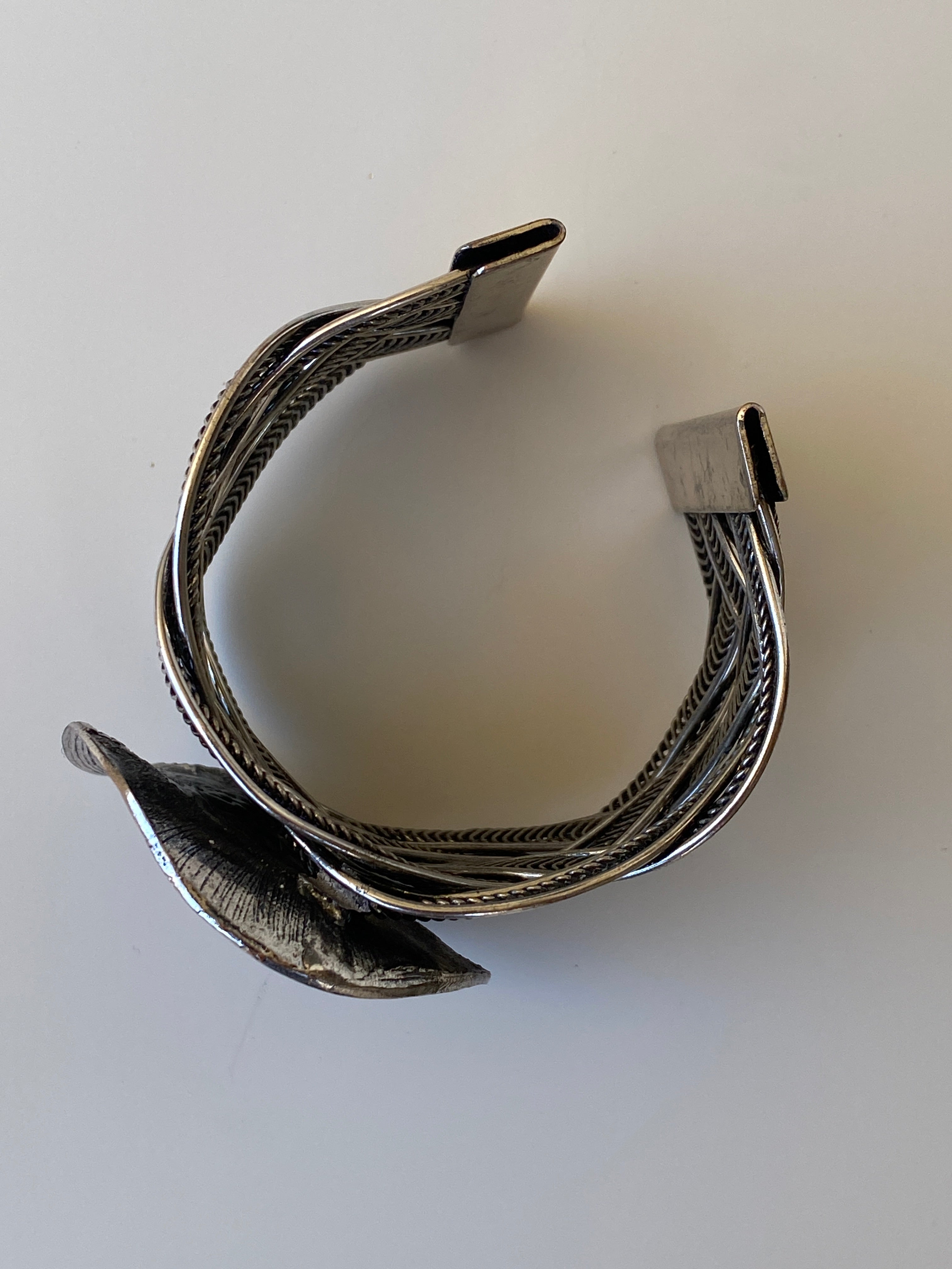 Vintage Tiger Eye Statement Cuff Bracelet Silver Tone Openwork Artisan Bangle