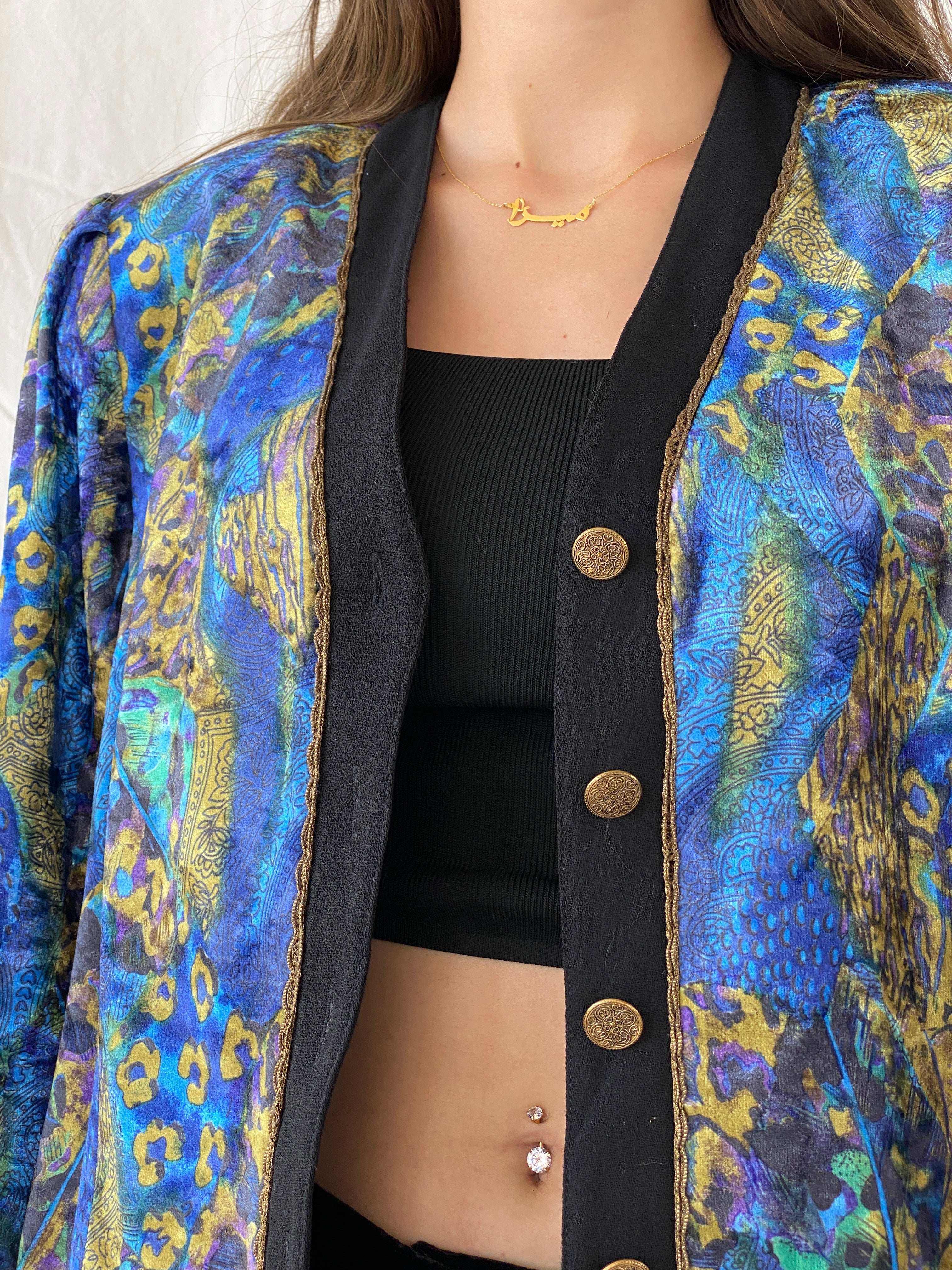 Statement Vintage Paisley Print Velvet Button Front Blazer - L