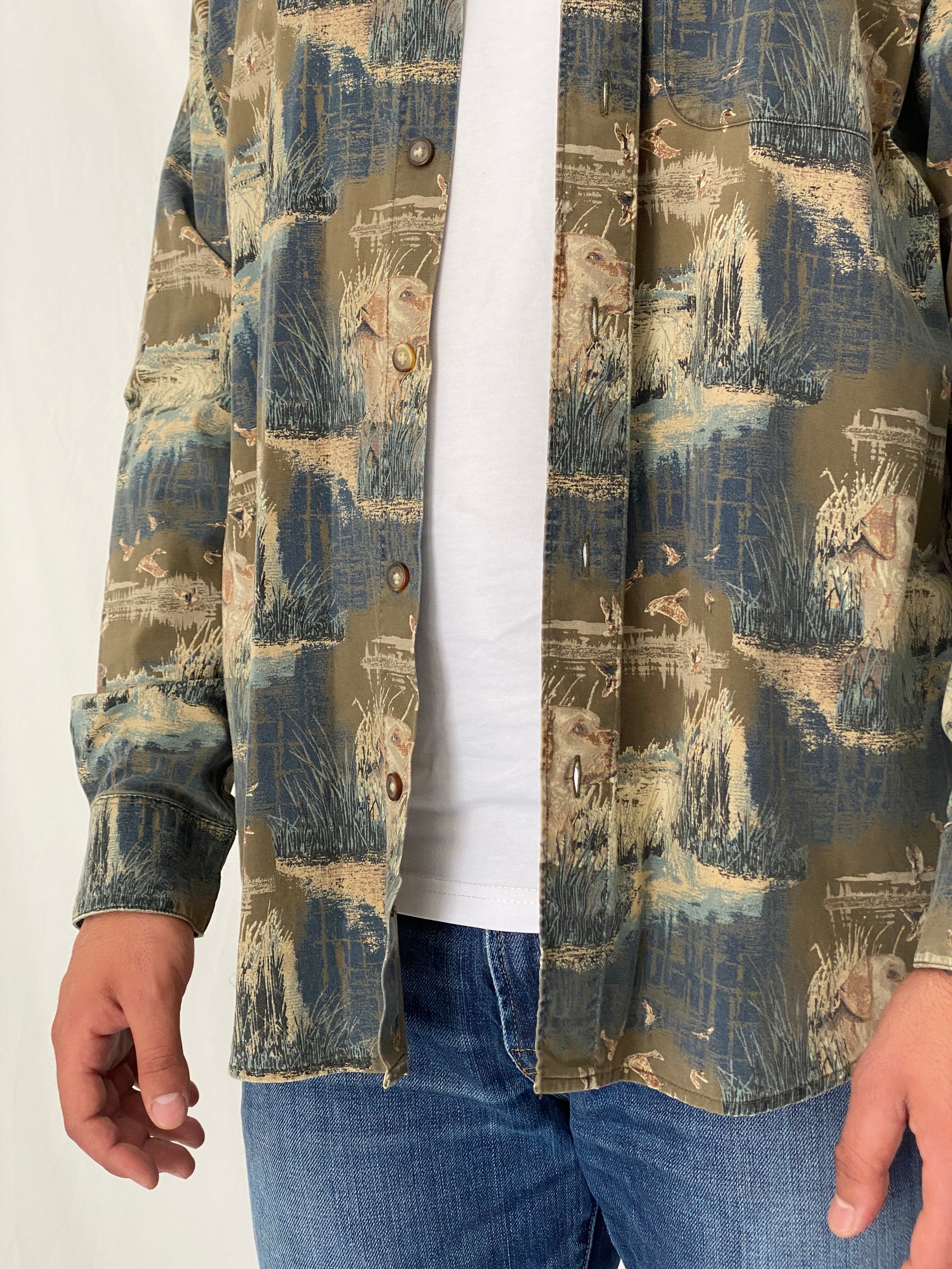 Vintage Woodland Trail Camo Hunting Cotton Button-Up Shirt – XL