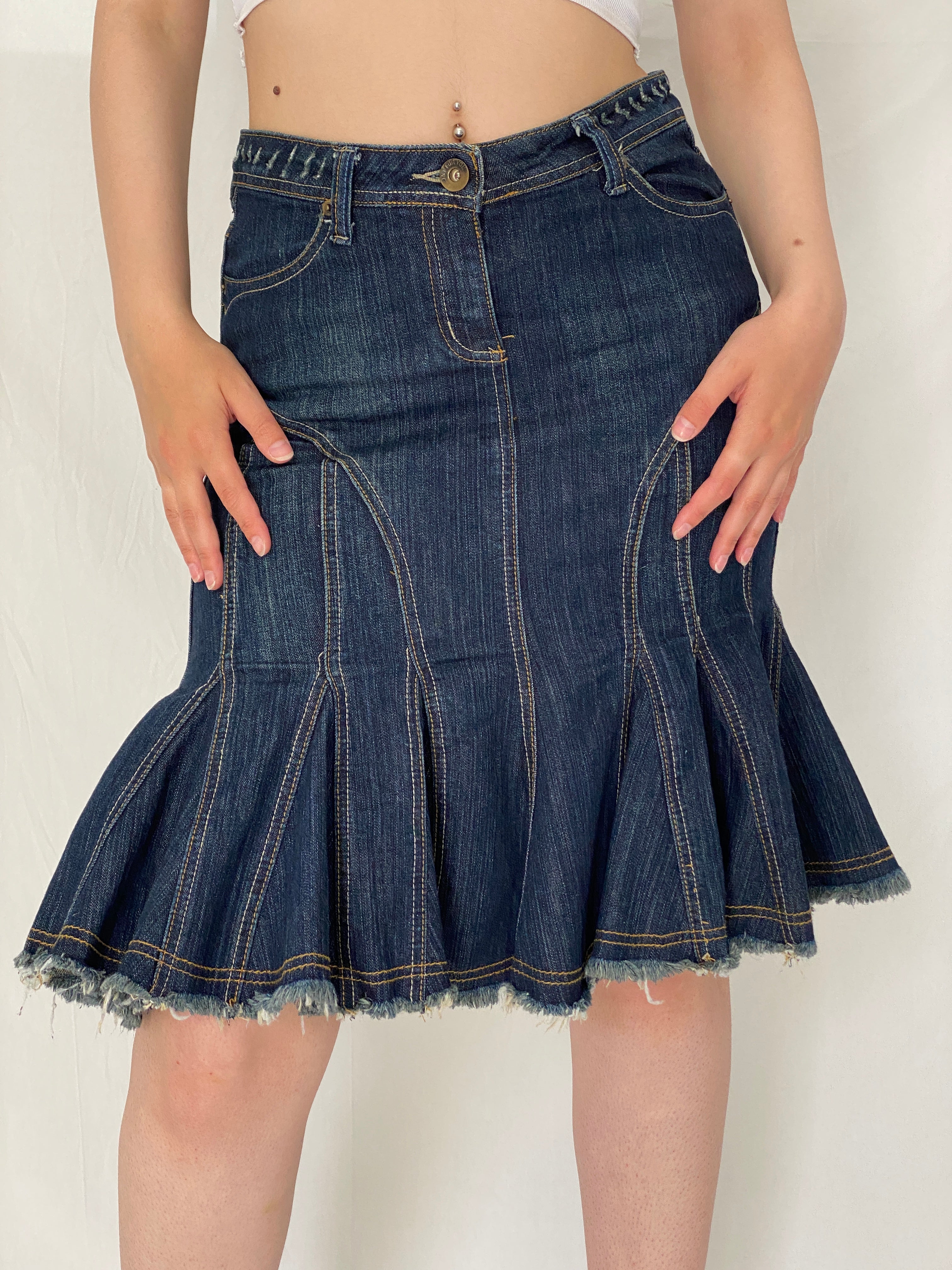 Y2K Jennyfer Dark Wash Ruffle Hem Denim Low Rise Flared Midi Skirt – S