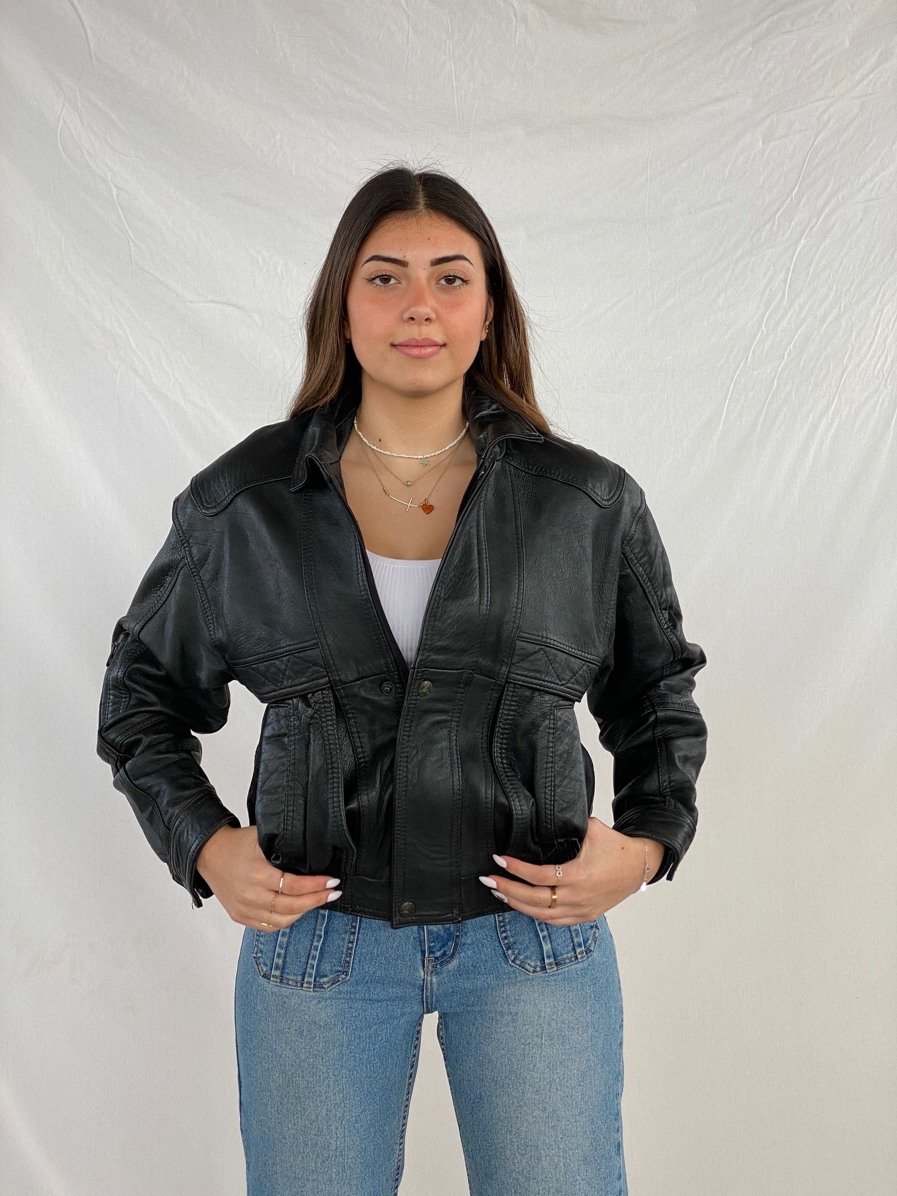 Vintage 90s Genuine Leather Heavy Bomber Jacket - Balagan Vintage Leather Jacket 00s, black leather, genuine leather, genuine leather jacket, Juana, leather jacket, NEW IN