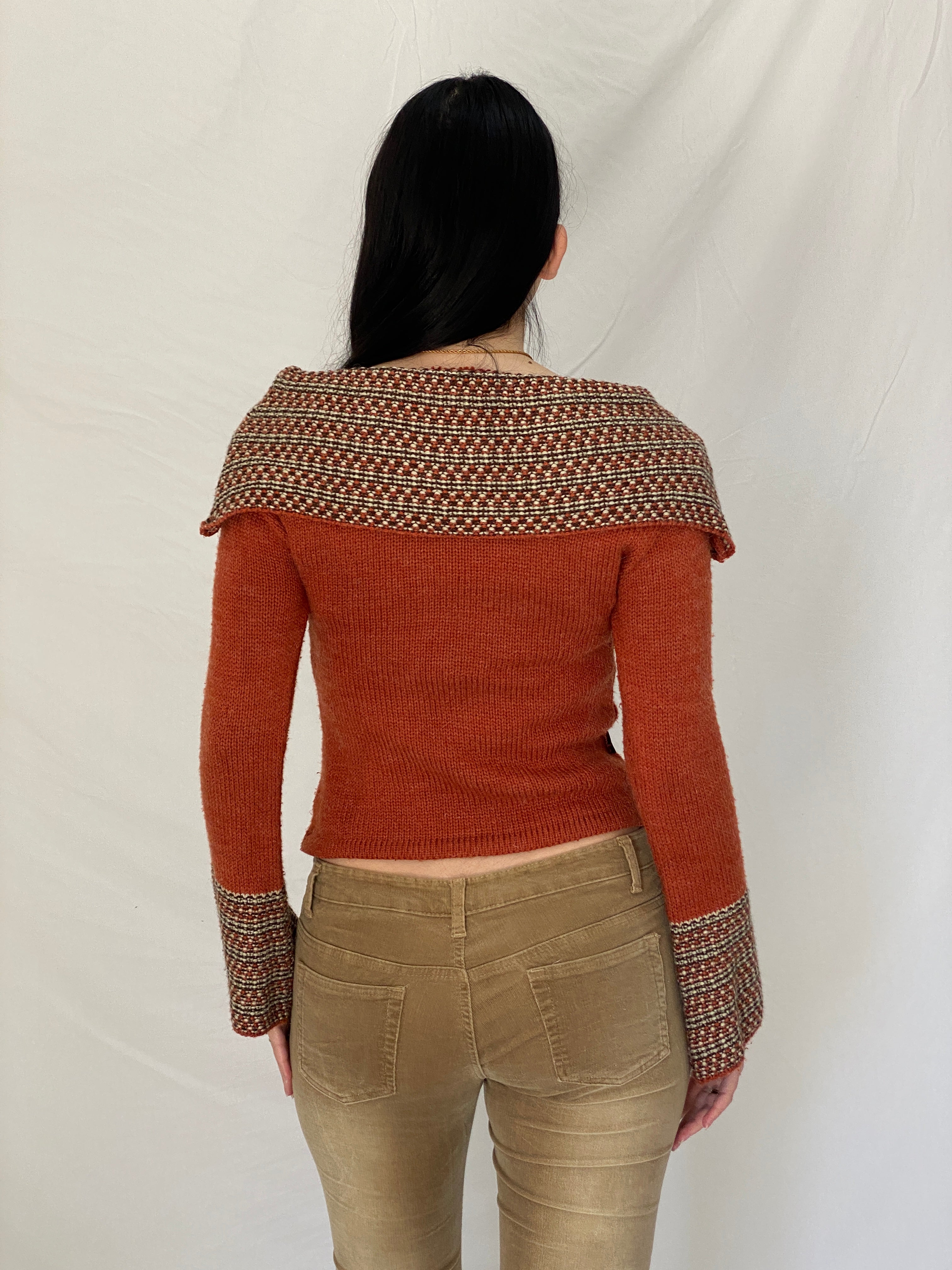 Y2K BANKO Orange Knit Sweater Top with Textured Collar & Flared Cuffs - M