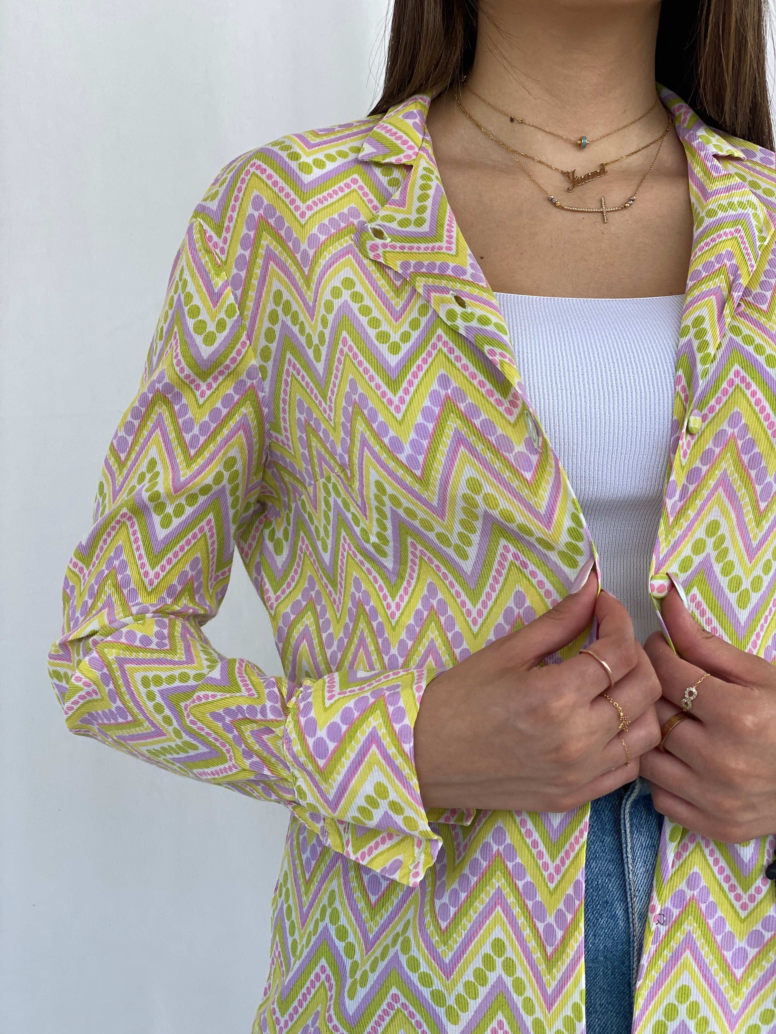 Vintage 90s Douchka Paris Yellow Geometric Sheer Shirt Size S - Balagan Vintage Full Sleeve Shirt 90s, full sleeve shirt, geometric print, groovy shirt, Juana, NEW IN, women skirt