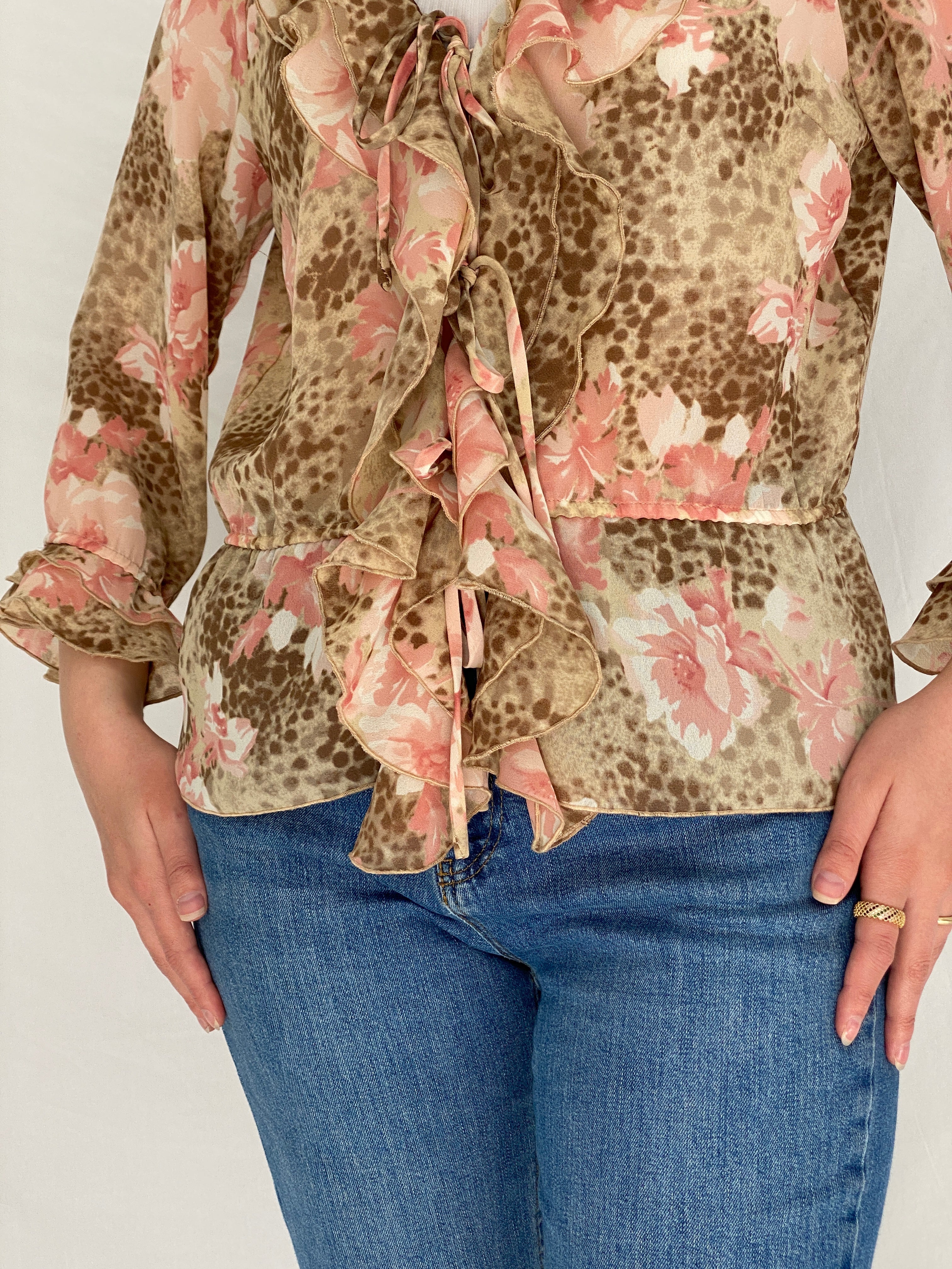 Vintage Y2K La Cara Mode Vögele Pink Brown Floral & Leopard Print Ruffle Front Tie Blouse - XL