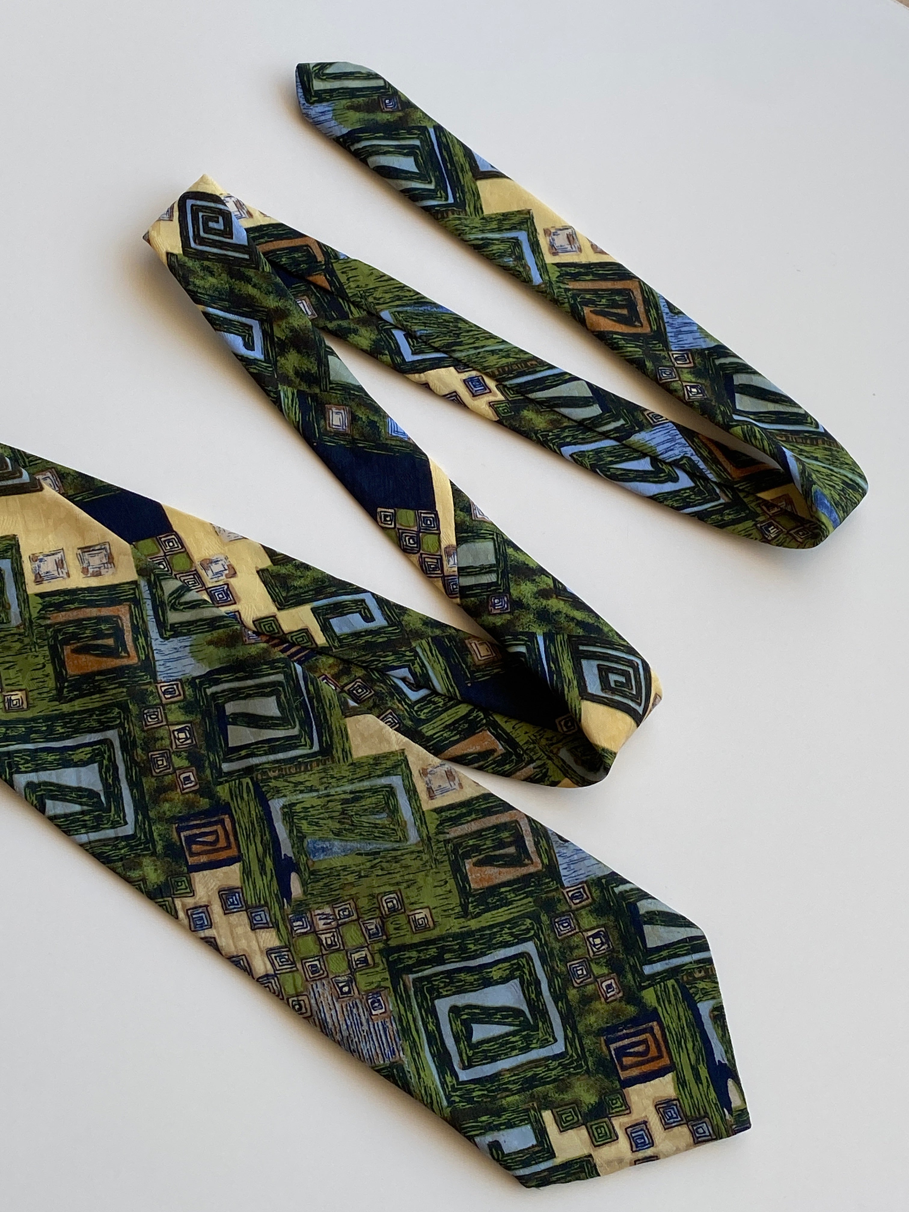 Vintage 90s T Fashion Green Navy Geometric Abstract Wide Necktie