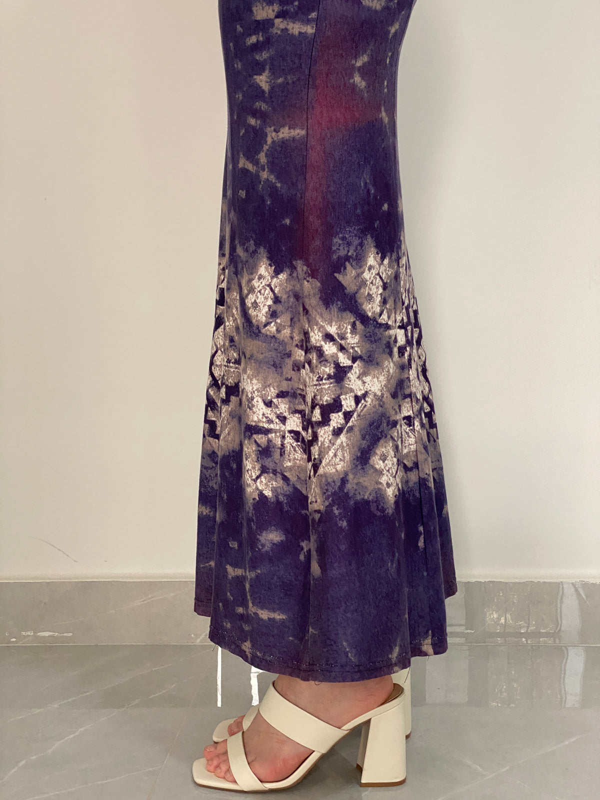Vintage Fashionway Navy Blue Tie-Dye Geometric Flared Maxi Skirt – M