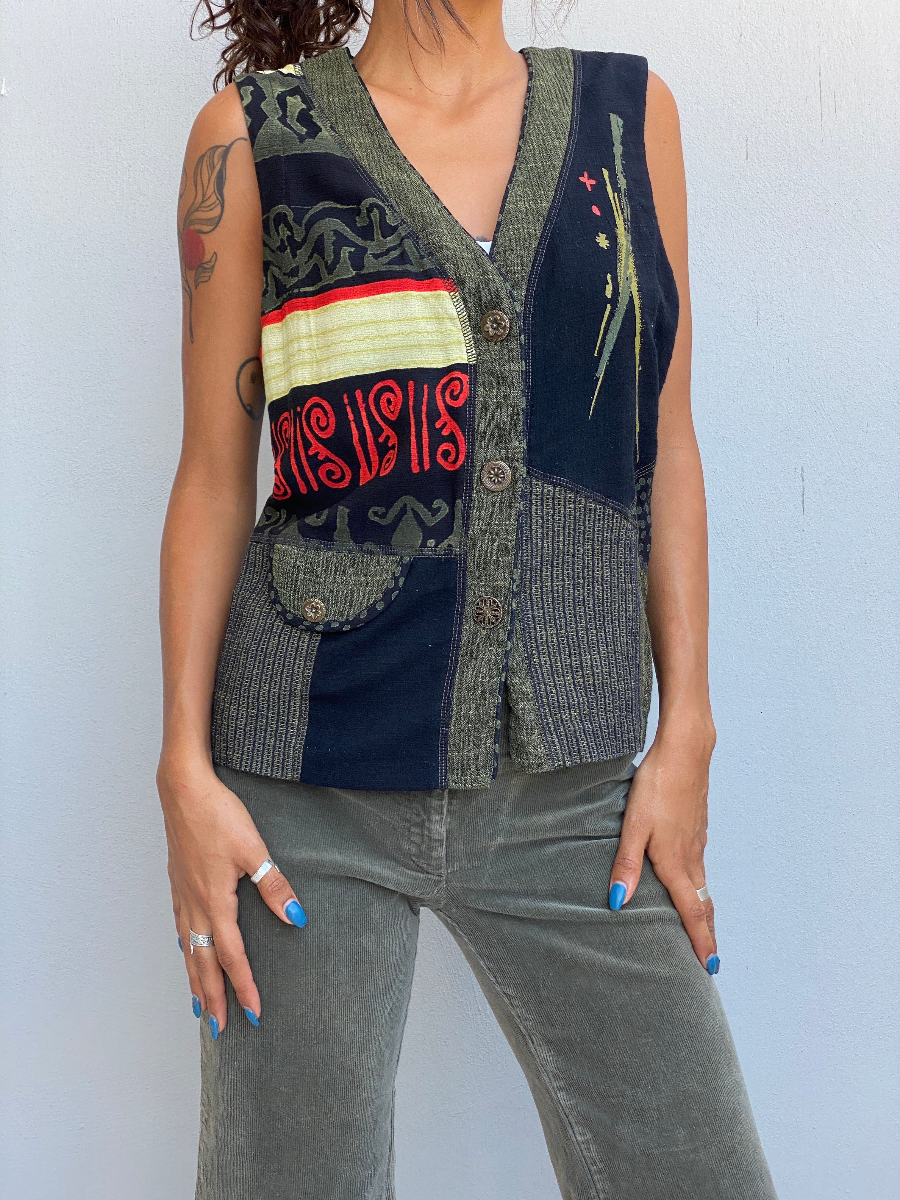 Vintage 90s Nancy Bolen Olive Green Patchwork Boho Vest – M