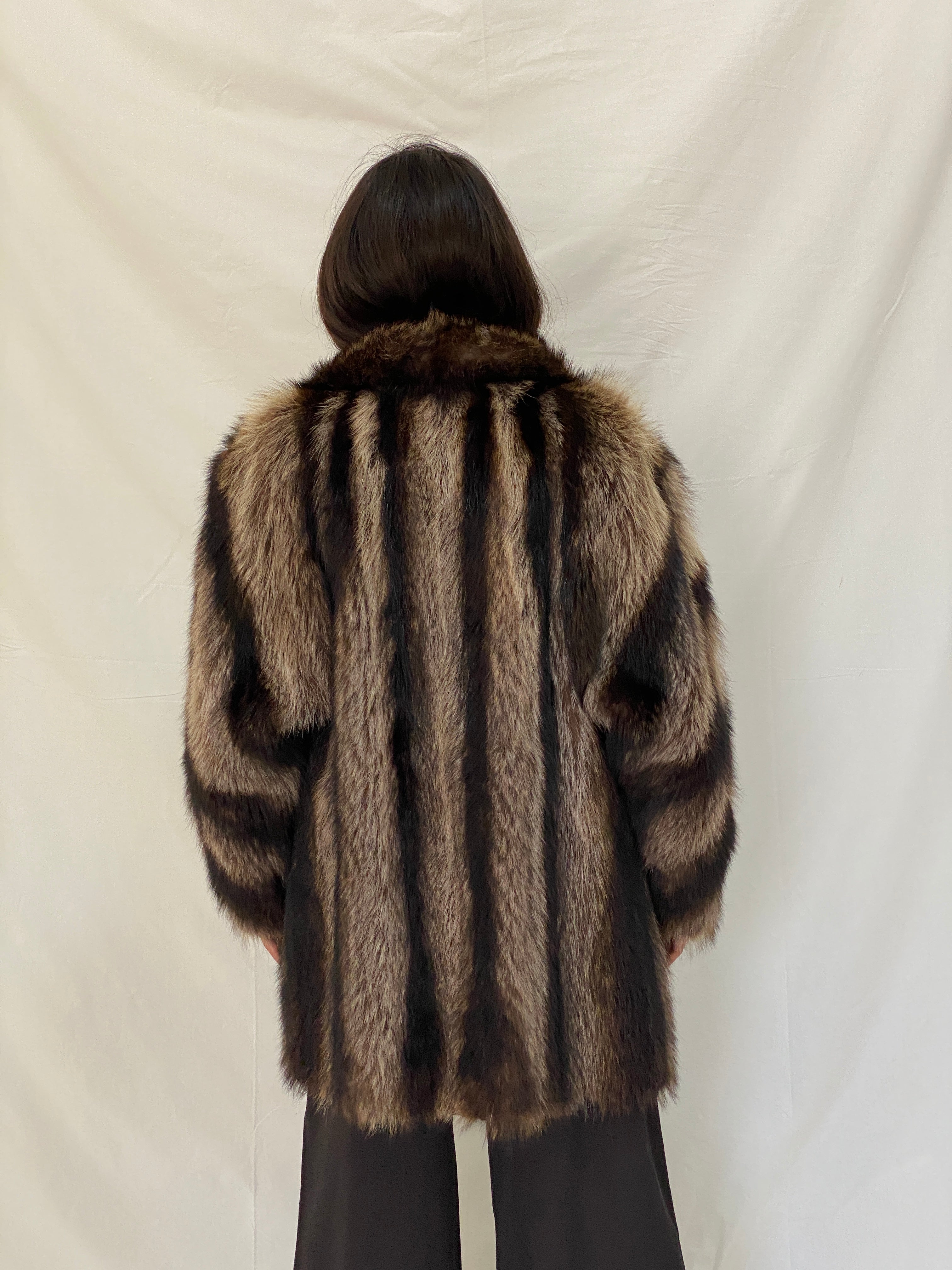 Vintage Real Fur Striped Brown & Black Coat Luxurious Genuine Raccoon Fur Winter Jacket - M