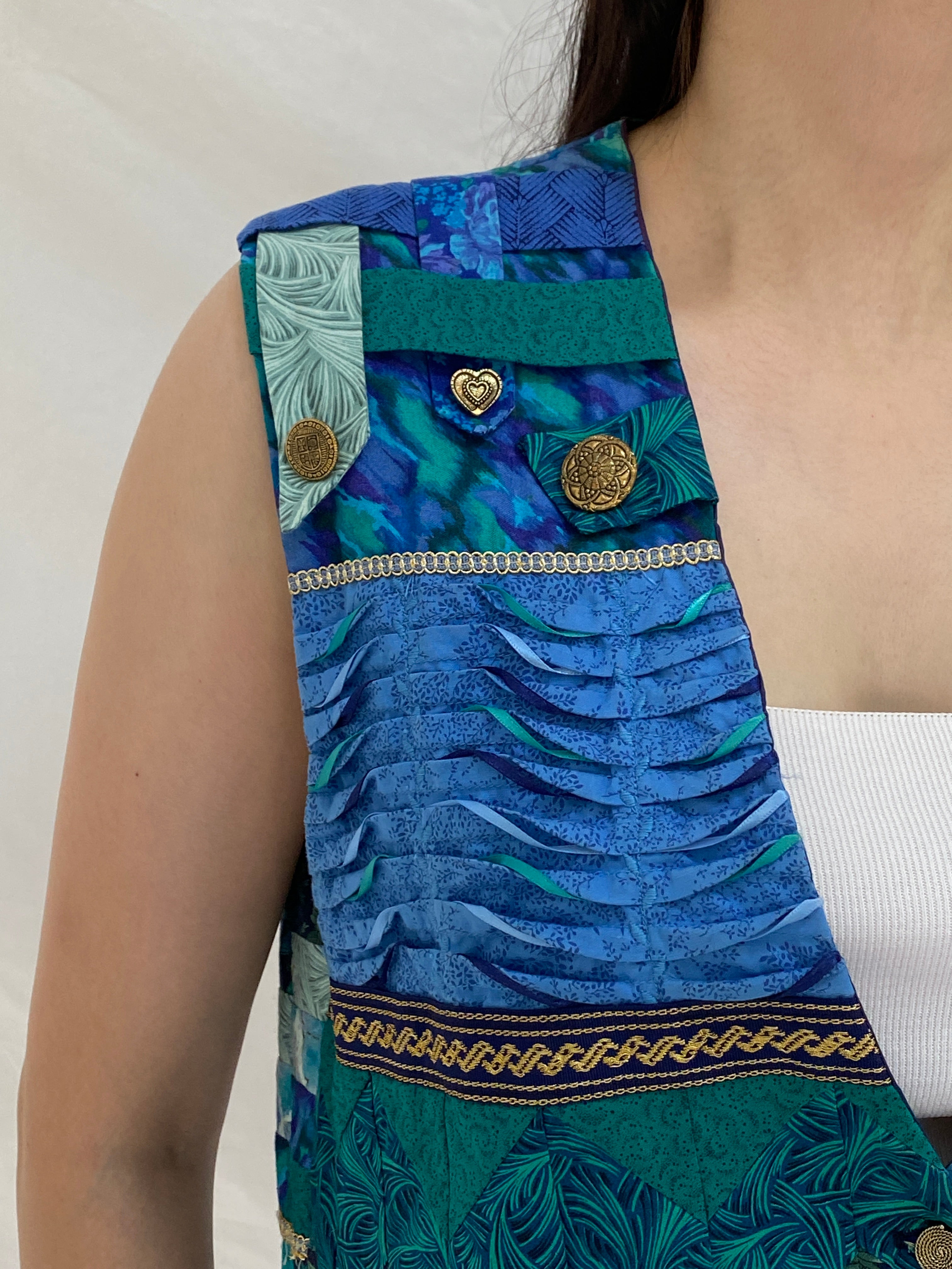 Vintage Handmade Blue & Green Quilted Patchwork Artisan Vest – M